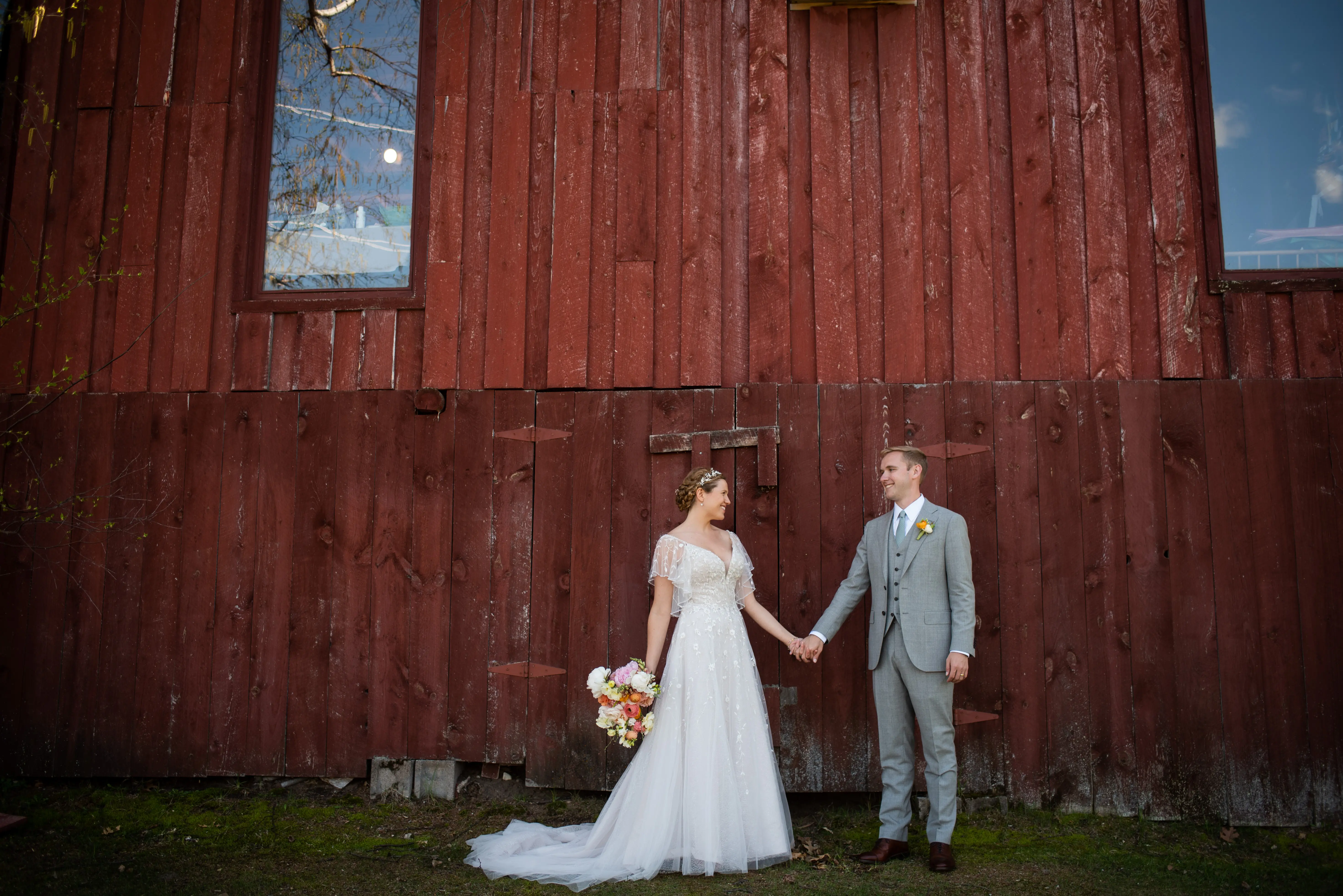 Groom With Bride Wearing Beaded Lace A-Line Wedding Dress With Flutter Sleeves Paige By Maggie Sottero