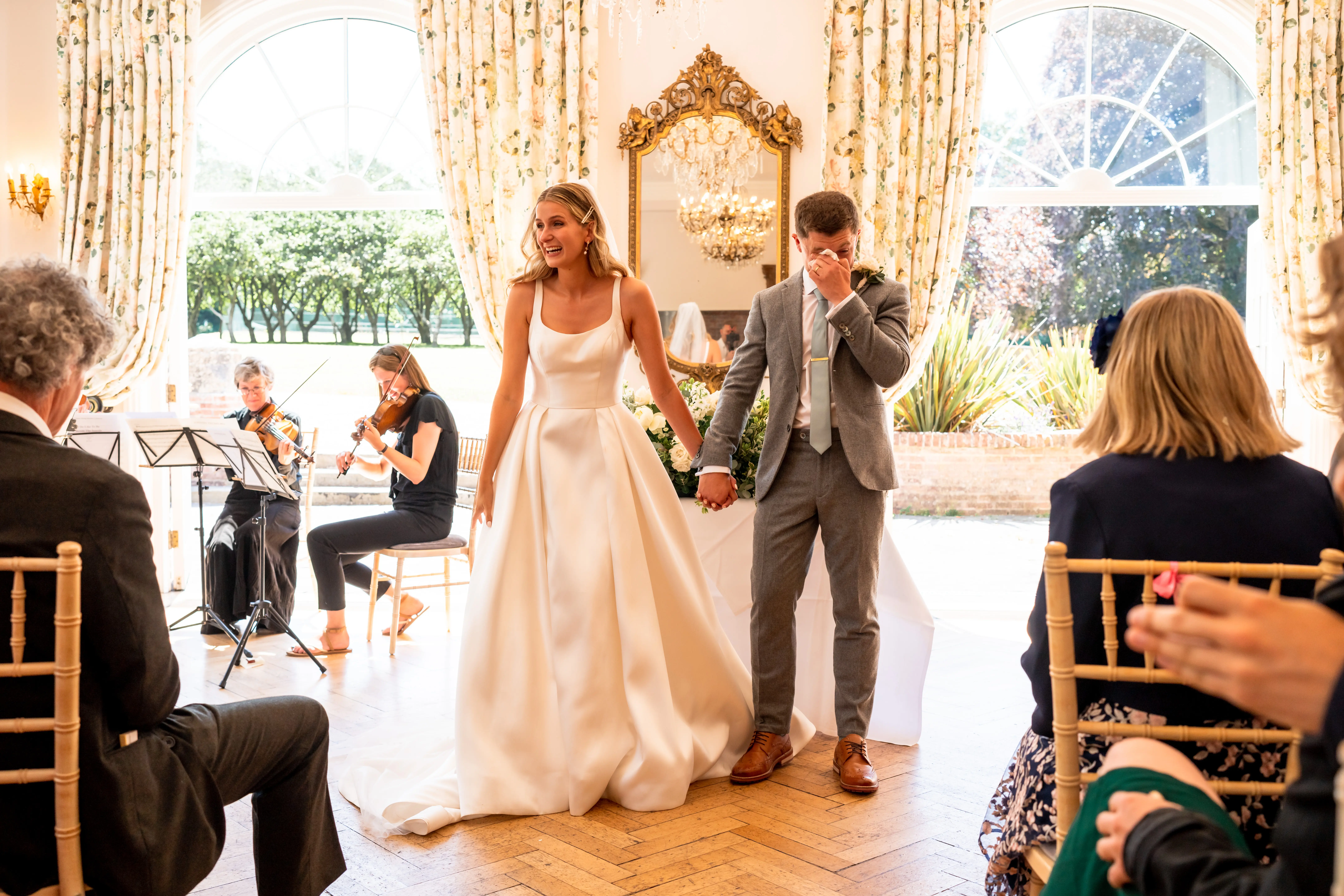 Groom With Bride Wearing Satin Ball Gown Selena By Maggie Sottero