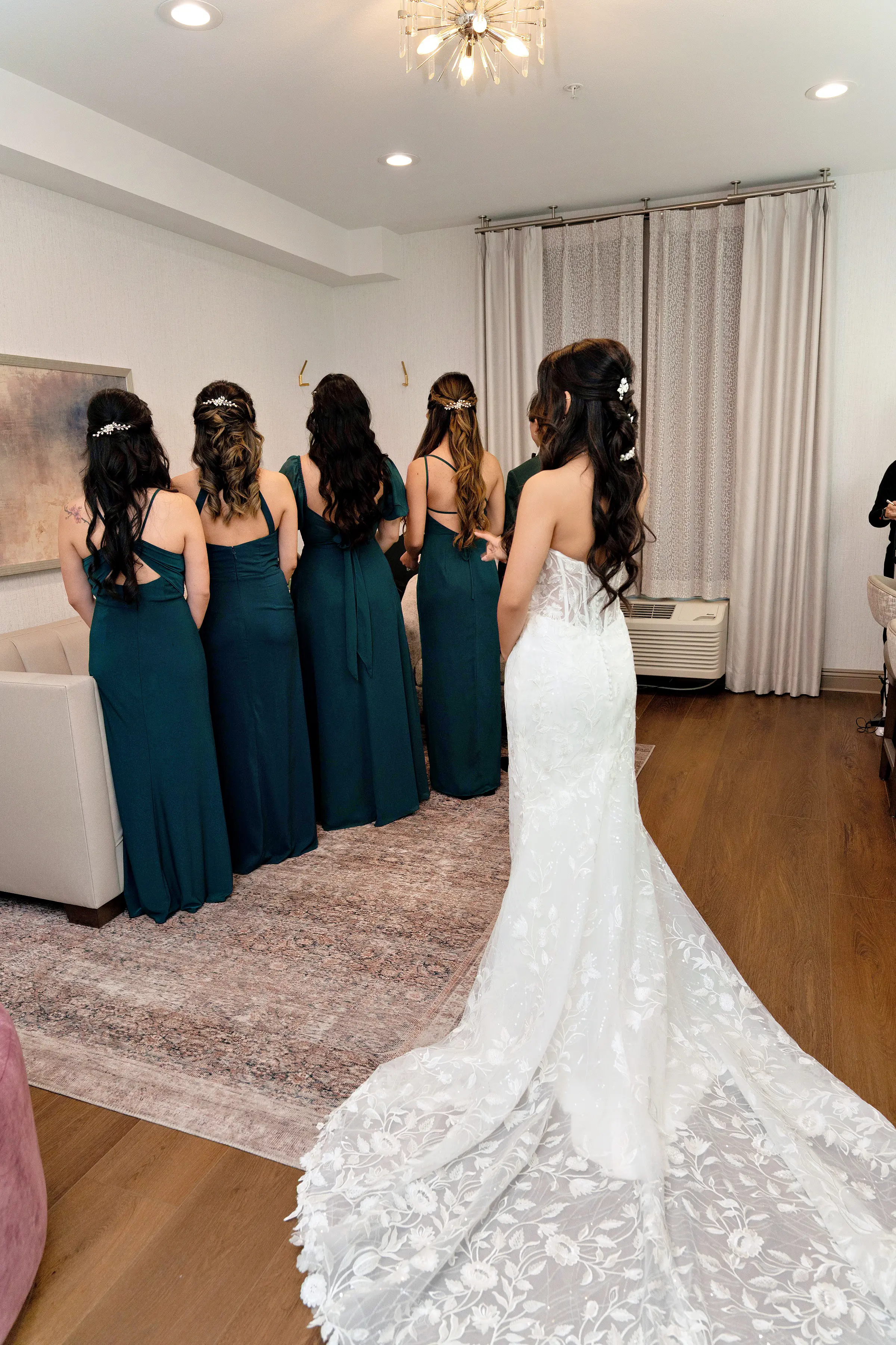 Bride Wearing Lace Fit And Flare Wedding Dress Called Fairchild By Maggie Sottero With A First Look With Her Bridesmaids