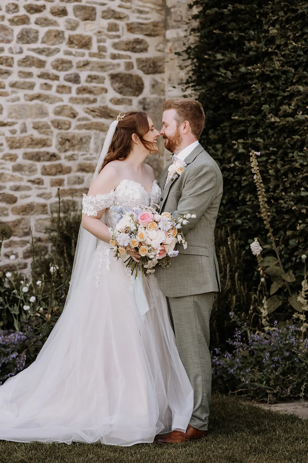Groom With Bride Wearing Cold Shoulder Princess Wedding Dress Stevie By Maggie Sottero