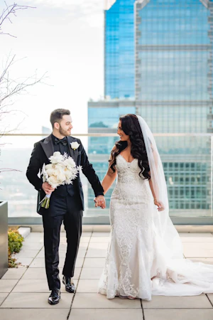 Bride In Fitted Lace Wedding Dress Called Frederique By Maggie Sottero With Groom