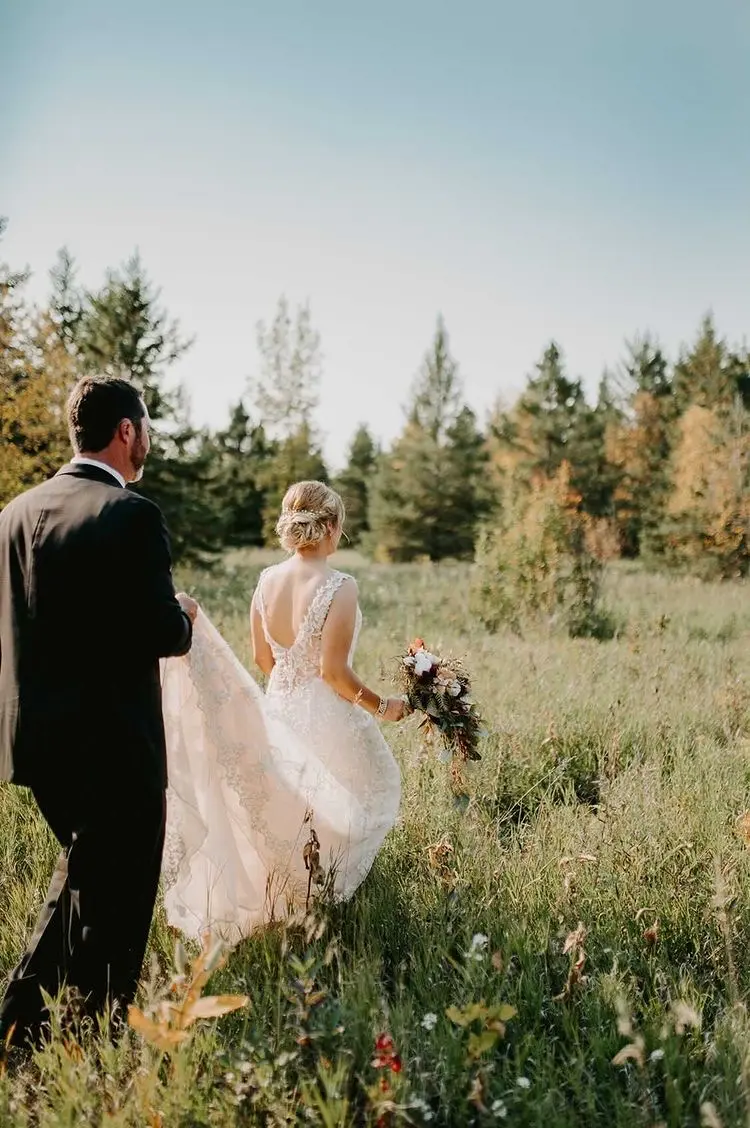 Groom With Bride Wearing Lace Wedding Dress With Illusion Back Verina Marie By Maggie Sottero