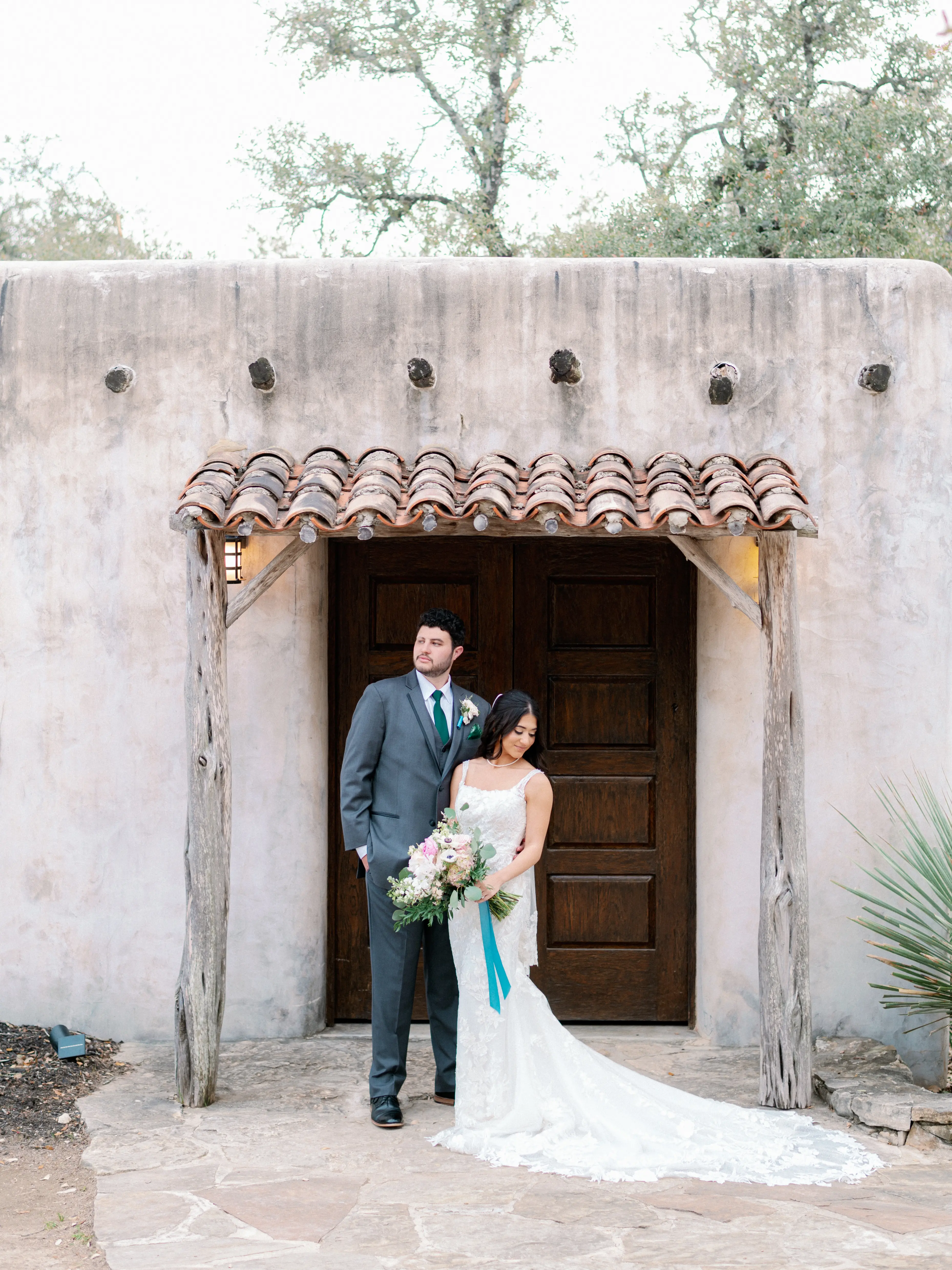 Bride In Lace Square Neck Wedding Dress Called Albany By Maggie Sottero With Groom