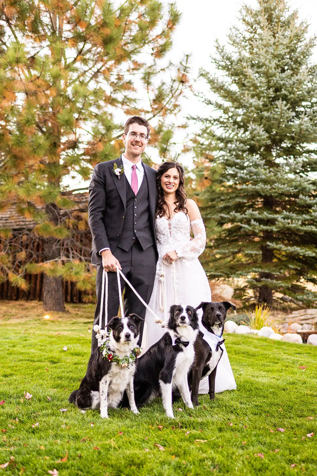 Bride with groom wearing boho A-line wedding dress