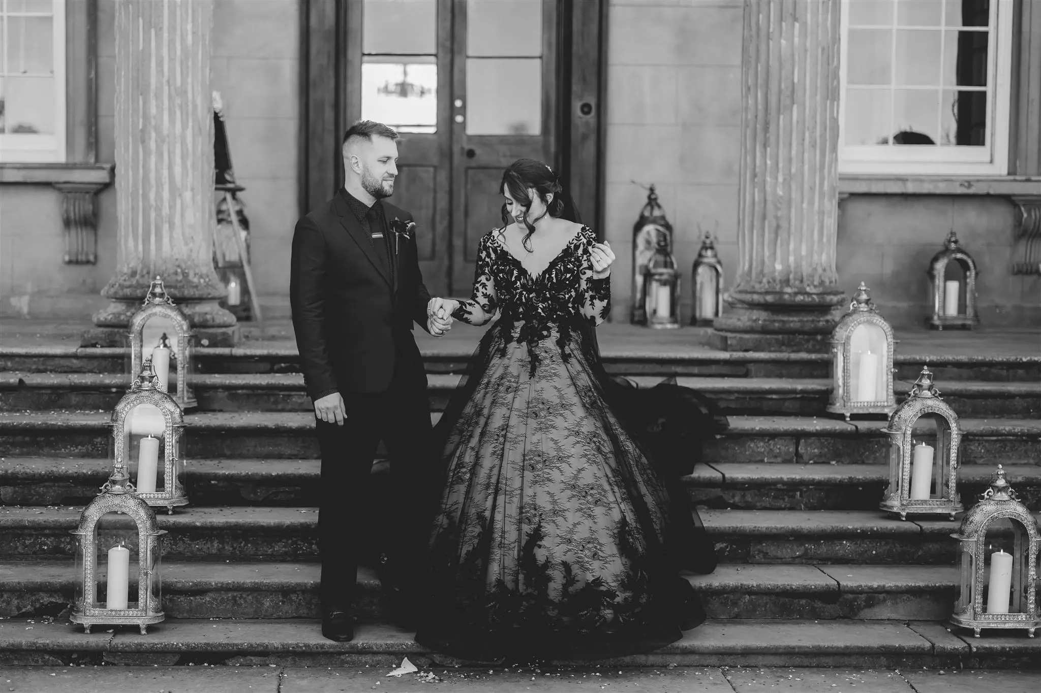 Real Bride in Chic Black Ball Gown Wedding Dress with Contrasting Layers of Tulle and Lace Called Zander by Sottero & Midgley