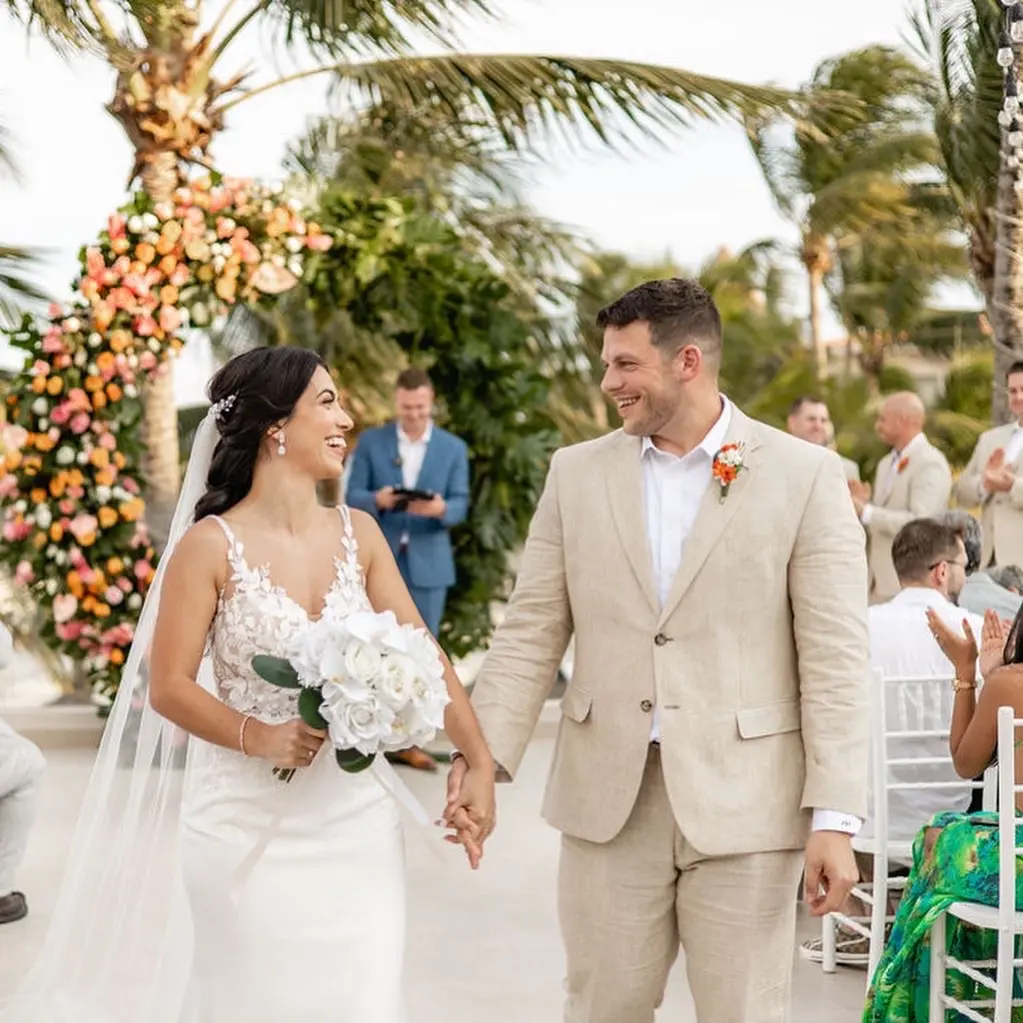 Real Bride in Backless Crepe Bridal Gown with Lace Motifs and Beaded Spaghetti Straps Called Baxley by Maggie Sottero