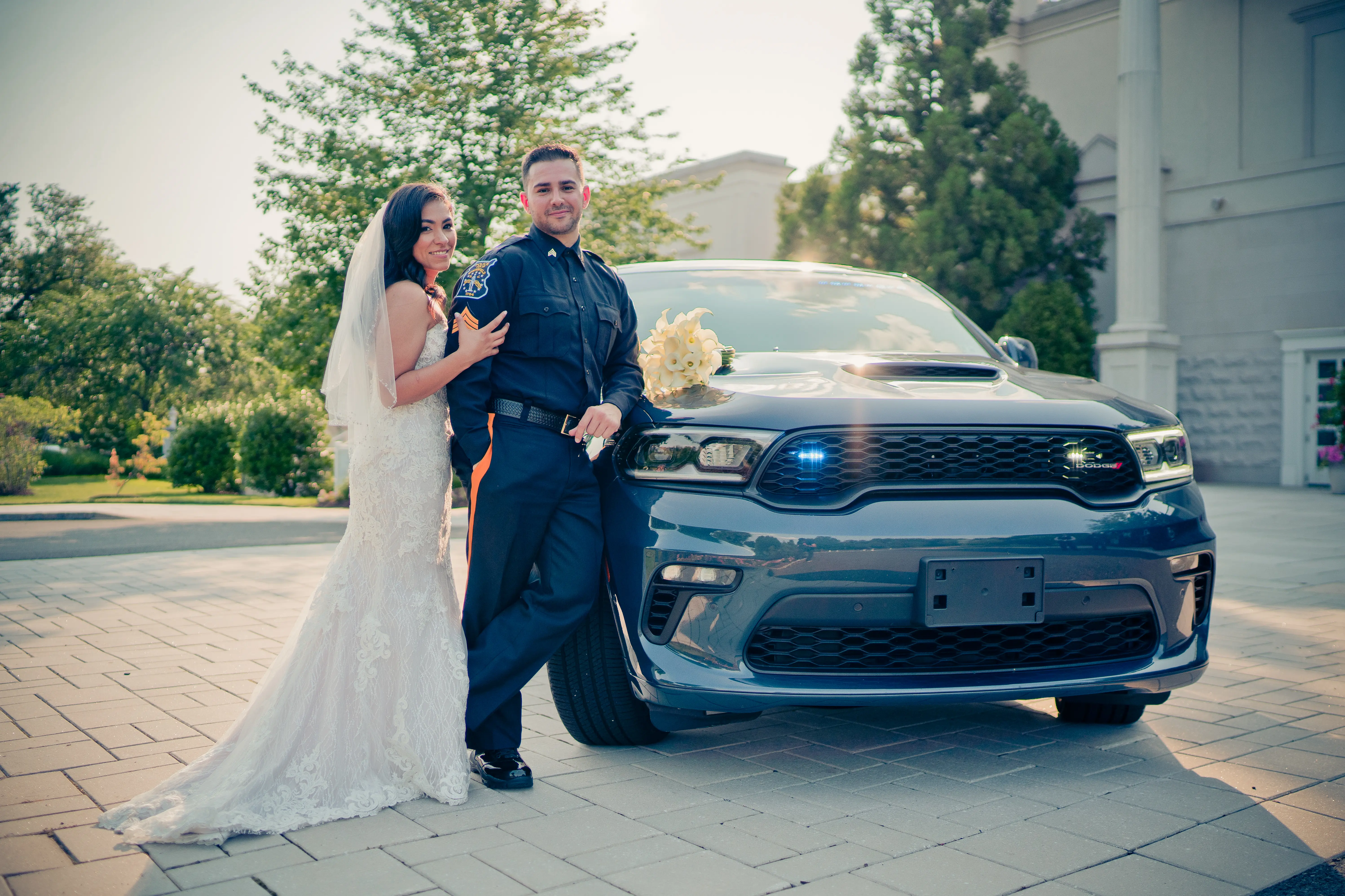 Groom With Bride Wearing Lace Mermaid With Over Skirt Kaysen By Maggie Sottero