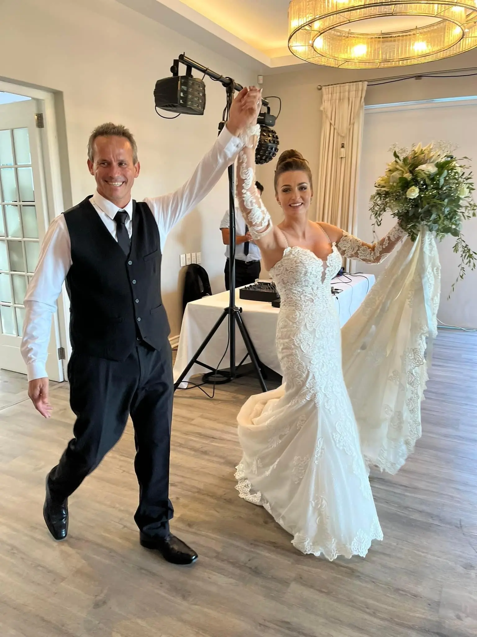 Bride In Lace Fit And Flare Wedding Dress Called Fiona By Maggie Sottero With Groom During Reception