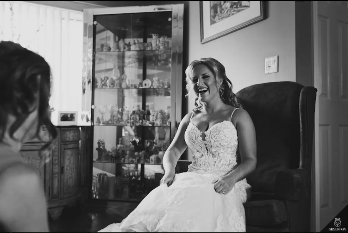 Real Bride in Sparkly Lace Fit-and-Flare Bridal Dress with Scalloped Illusion Lace Train Called Fiona by Maggie Sottero
