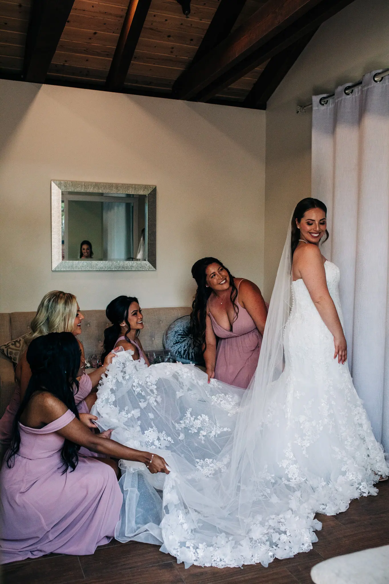 Bride In 3D Lace Fit-and-Flare Ryker Sottero Midgley With Bridesmaids in Pink