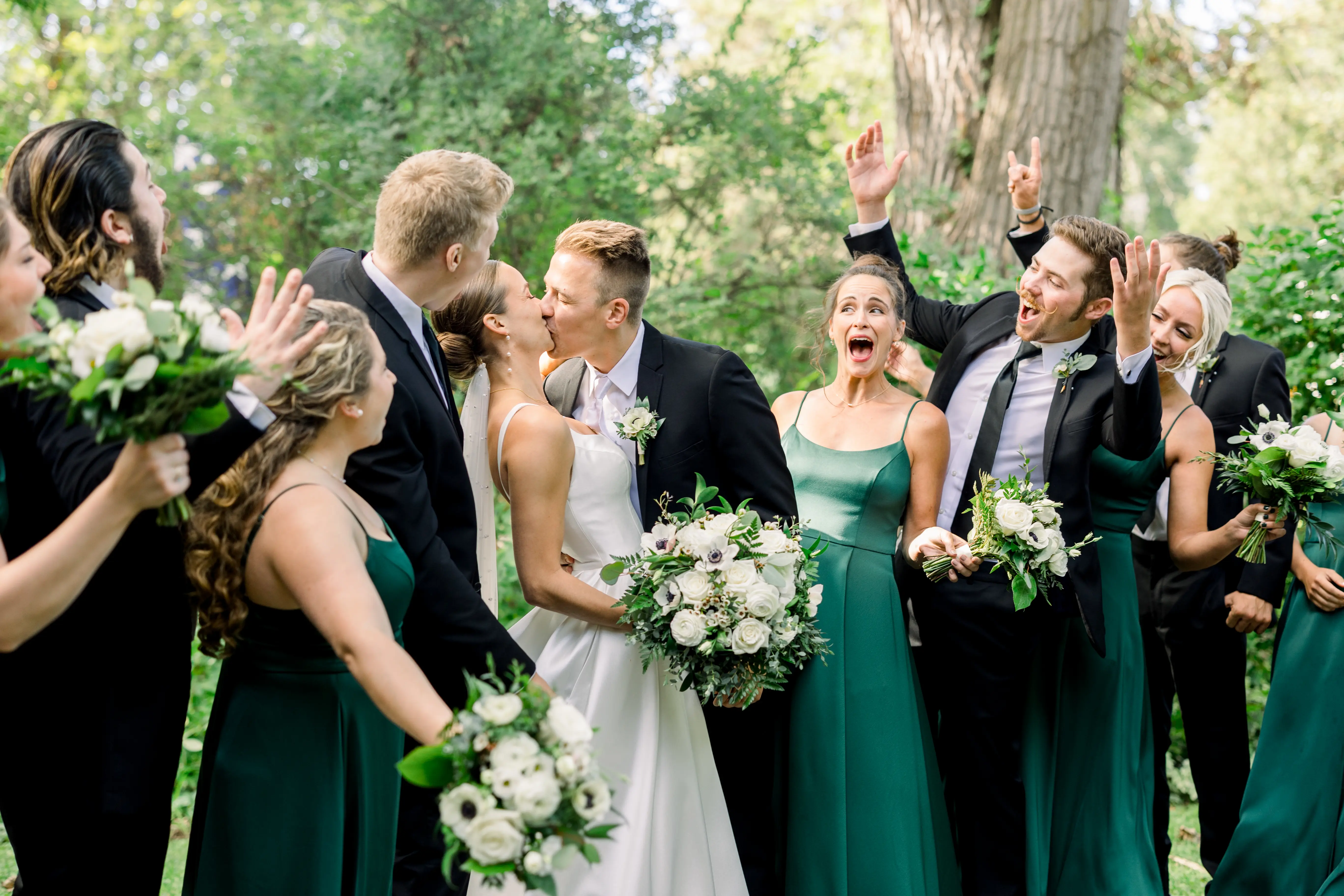 Bride Wearing Classic A-Line Wedding Dress Called Selena By Maggie Sottero With Bridal Party