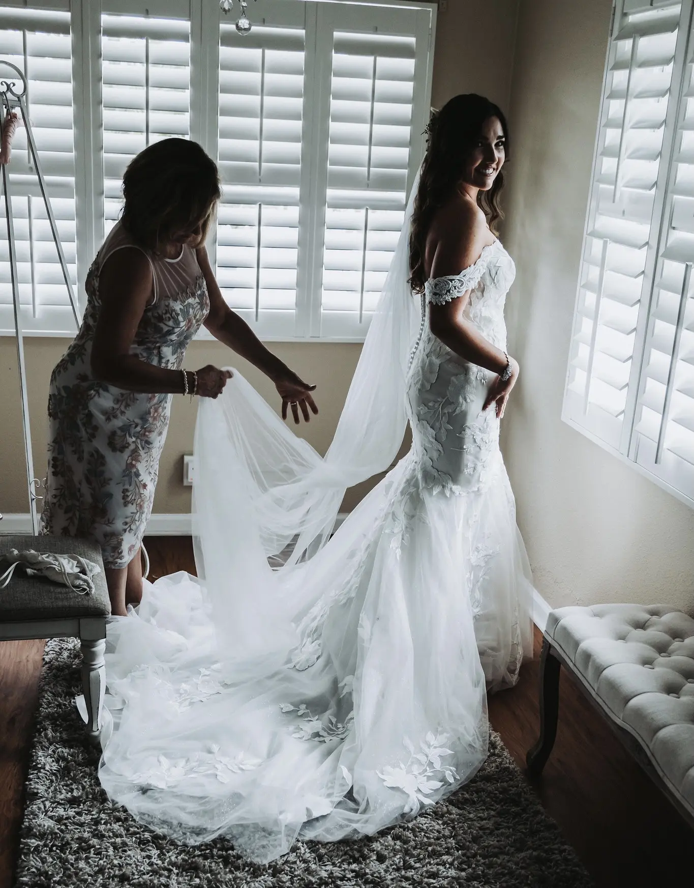 Bride Wearing Mermaid Wedding Dress With Oversized Lace Hattie By Rebecca Ingram