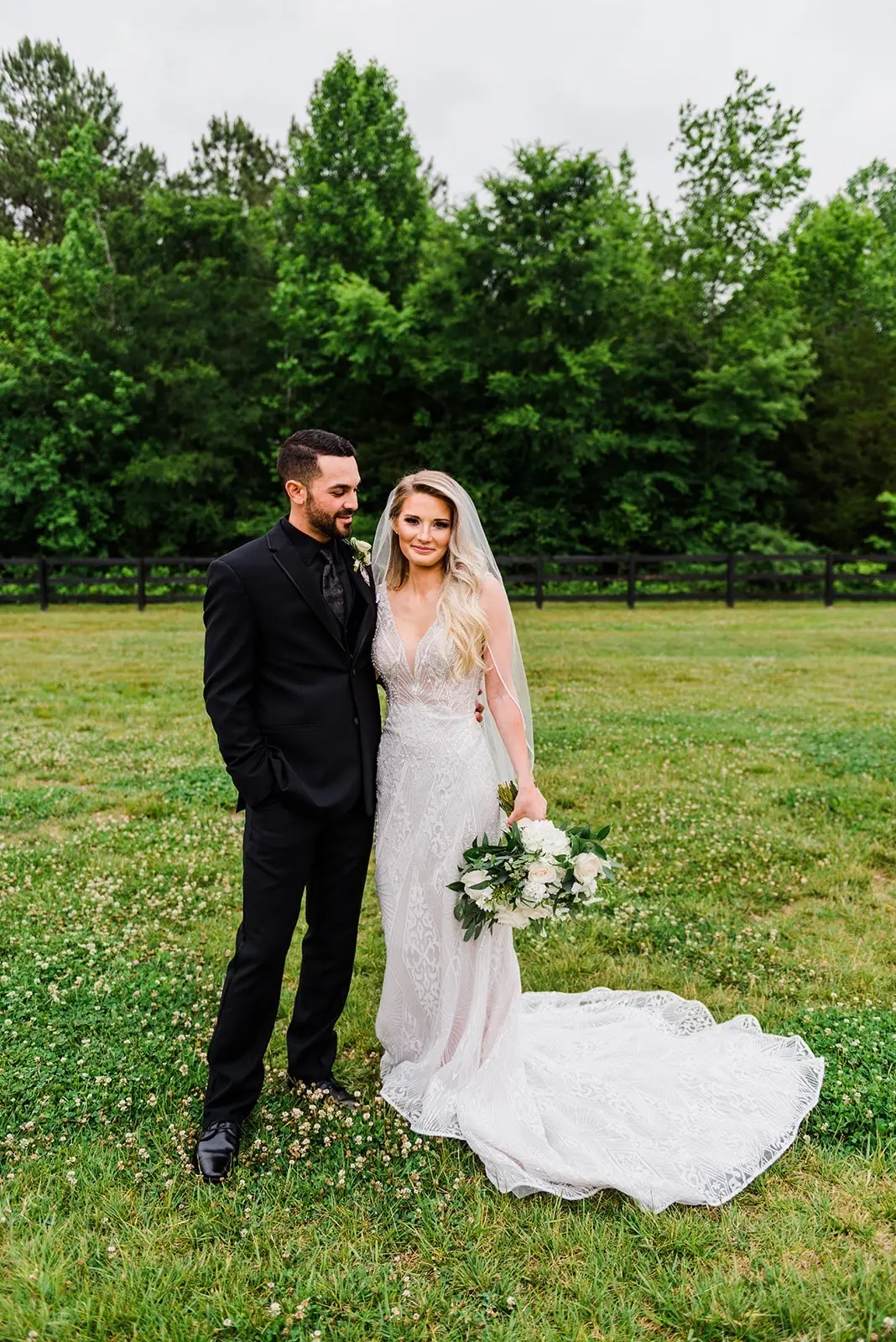 Groom With Bride Wearing Form Fitting Art Deco Wedding Dress Elaine By Maggie Sottero