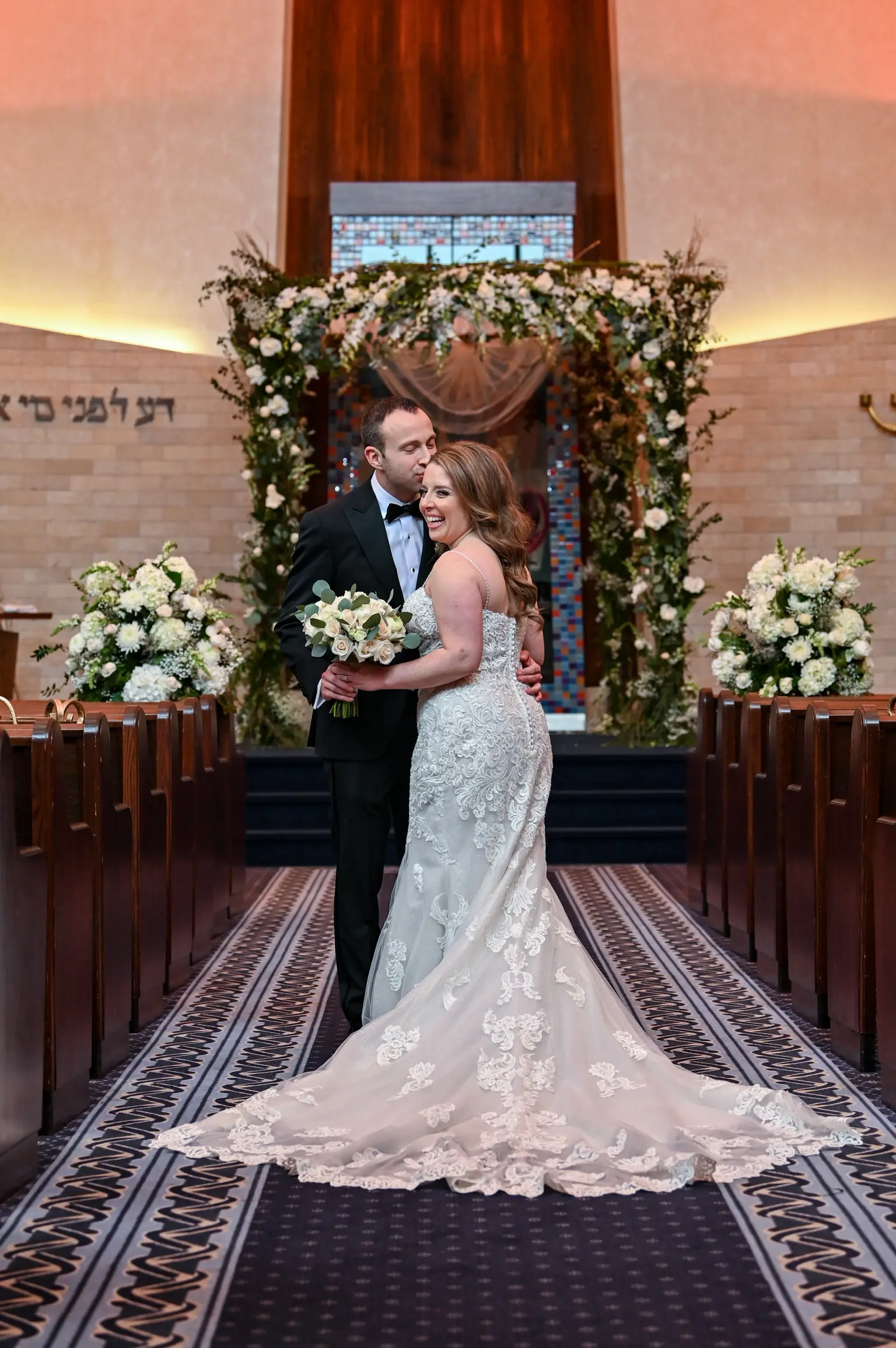 Bride Wearing Lace Fit-And-Flare Wedding Dress Called Fiona By Maggie Sottero With Groom