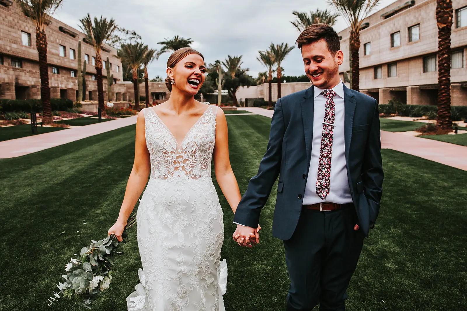 Groom Laughs With Bride In Garden-Inspired Fit-And-Flare Wedding Dress Named Greenley By Maggie Sottero