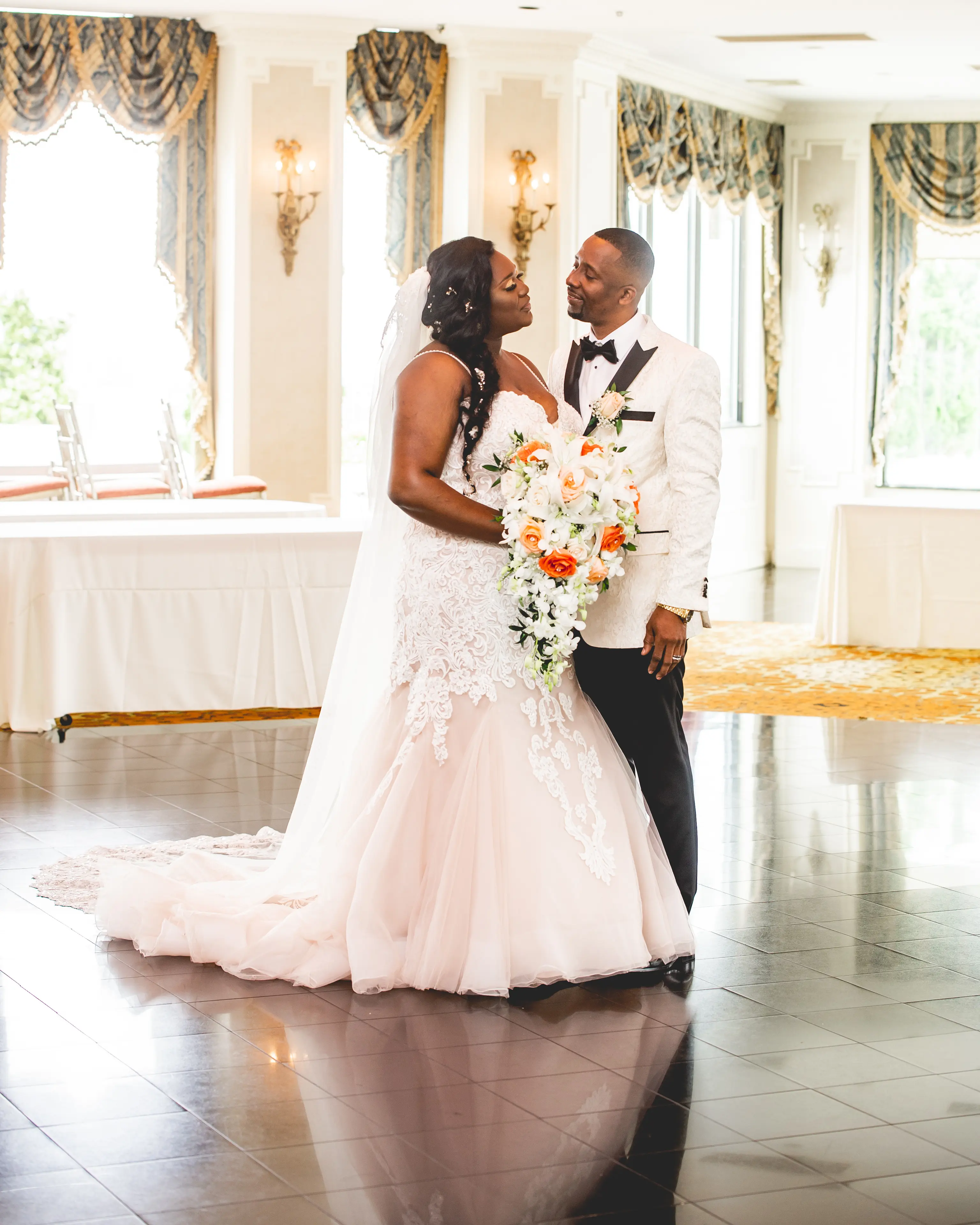 Groom with Real Bride in Beaded Sweetheart Neckline Wedding Dress Named Alistaire Lynette By Maggie Sottero