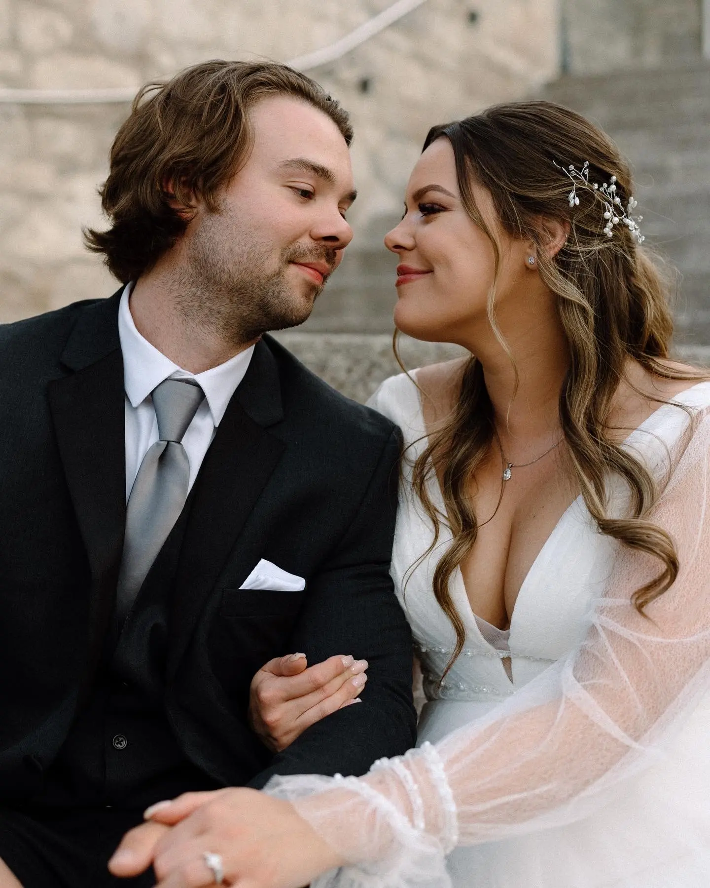 Bride In Bishop Sleeve Wedding Dress Called Joanne By Rebecca Ingram With Groom