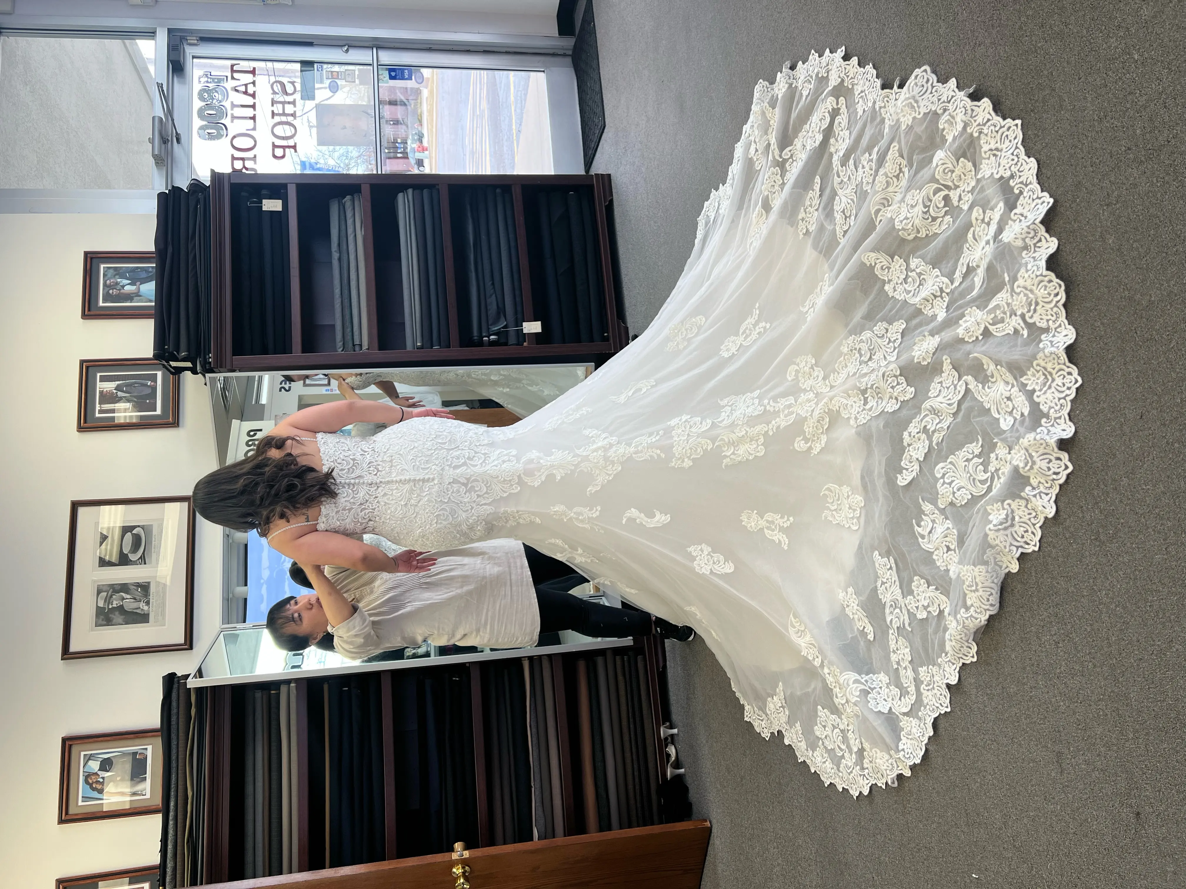Bride wearing Fiona wedding dress by Maggie Sottero at the tailor shop