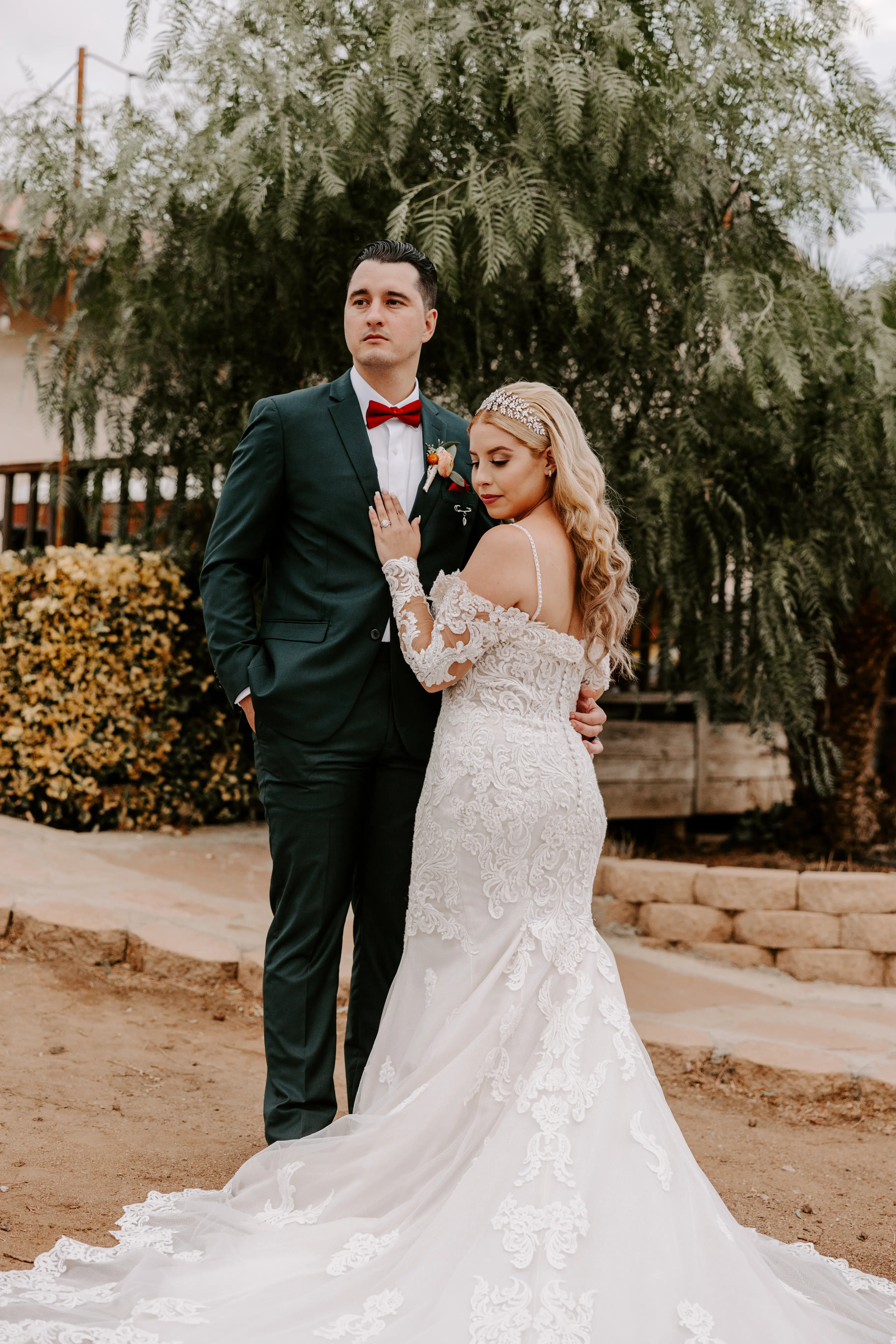 Real Bride in Sparkly Lace Fit-and-Flare Bridal Dress with Off-the-Shoulder Sleeves Called Fiona by Maggie Sottero