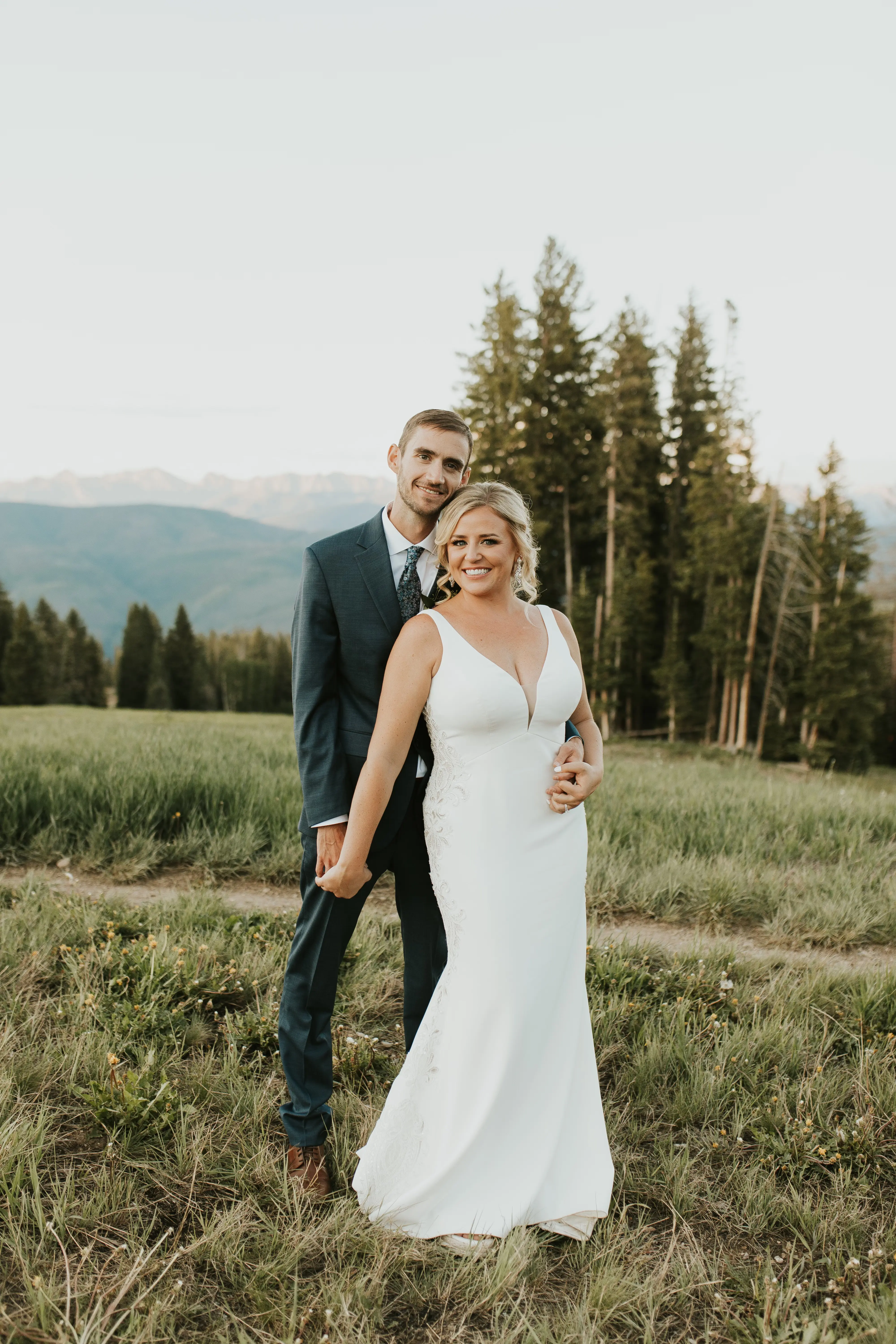 Groom With Bride Wearing Simple Vintage V-back Dress Abbott Dawn By Sottero and Midgley