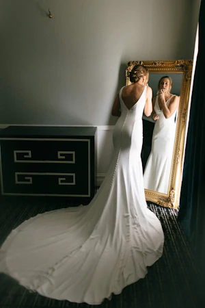 Bride Wearing Minimalist Crepe Fit-And-Flare Wedding Dress Fernanda By Maggie Sottero