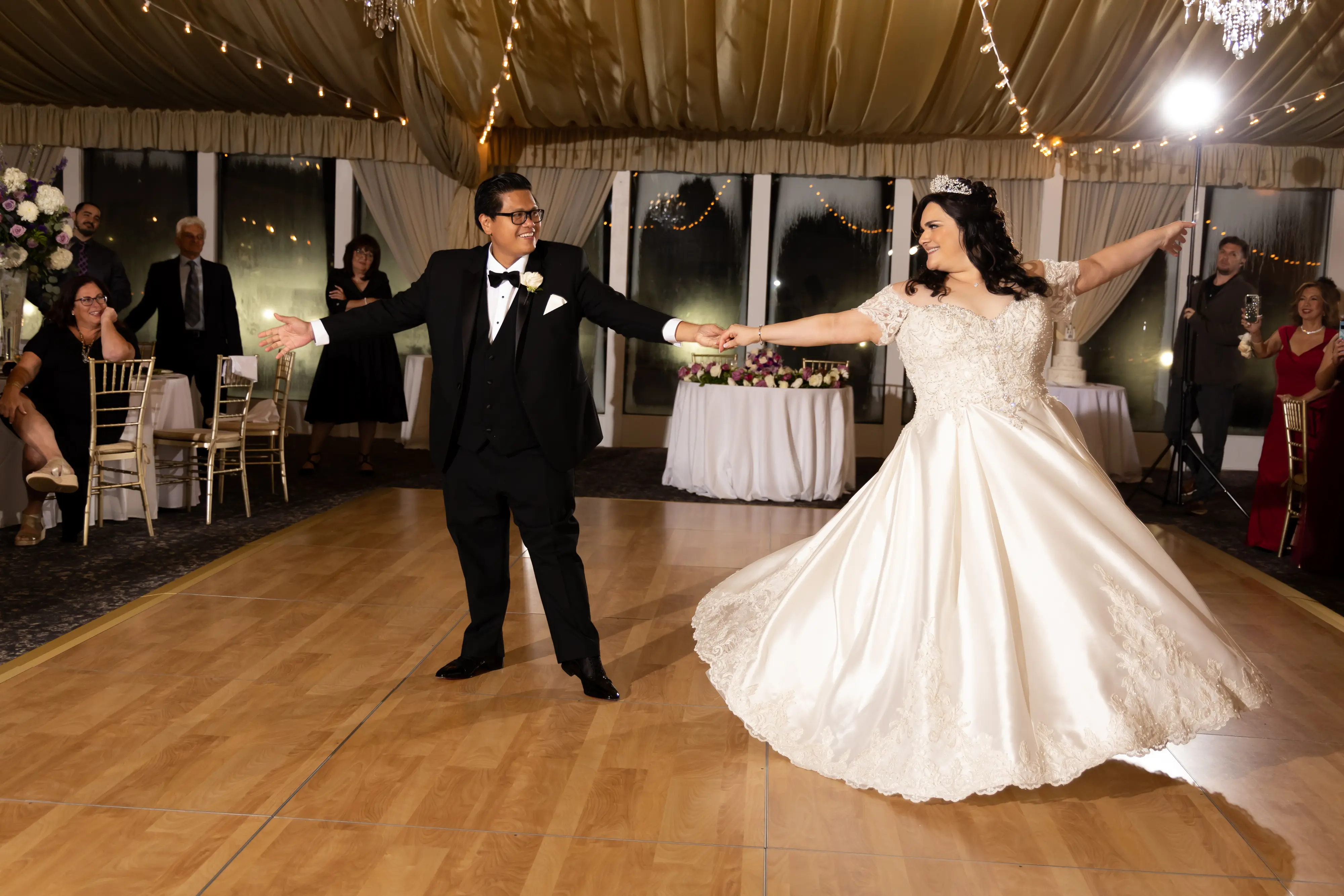 Bride in Satin Ball Gown Wedding Dress Featuring Decadent Beaded Lace Bodice, Kimora by Sottero & Midgley Dancing with Groom
