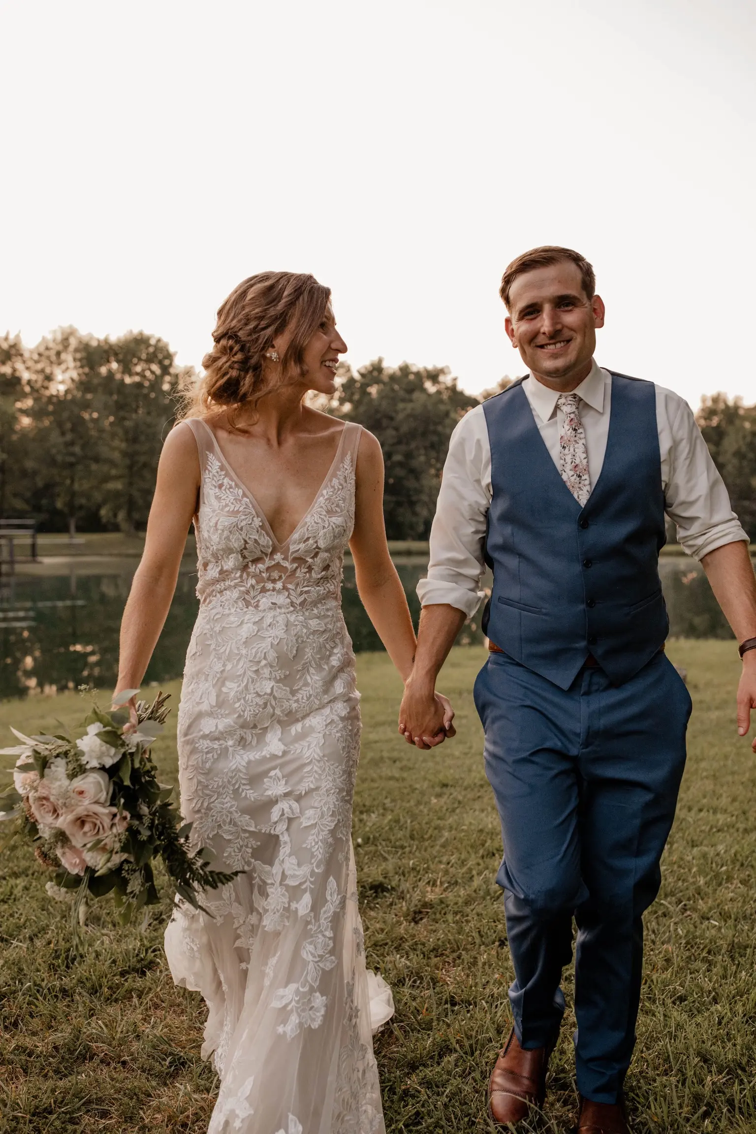 Real Bride In Floral Fit-and-Flare Wedding Dress with Illusion V-Back Called Greenley by Maggie Sottero