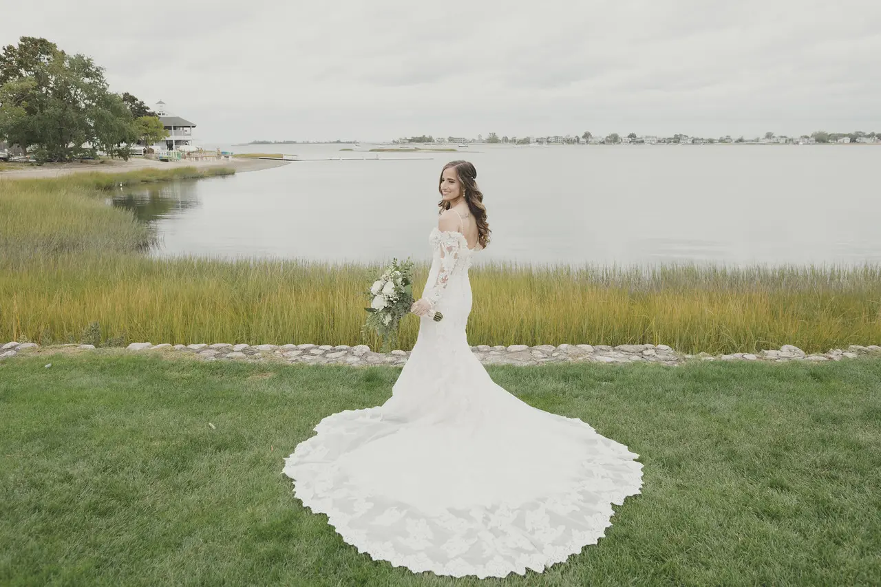 Real Bride in Sparkly Lace Fit-and Flare Bridal Dress with Detachable Off-the-Shoulder Sleeves called Fiona by Maggie Sottero