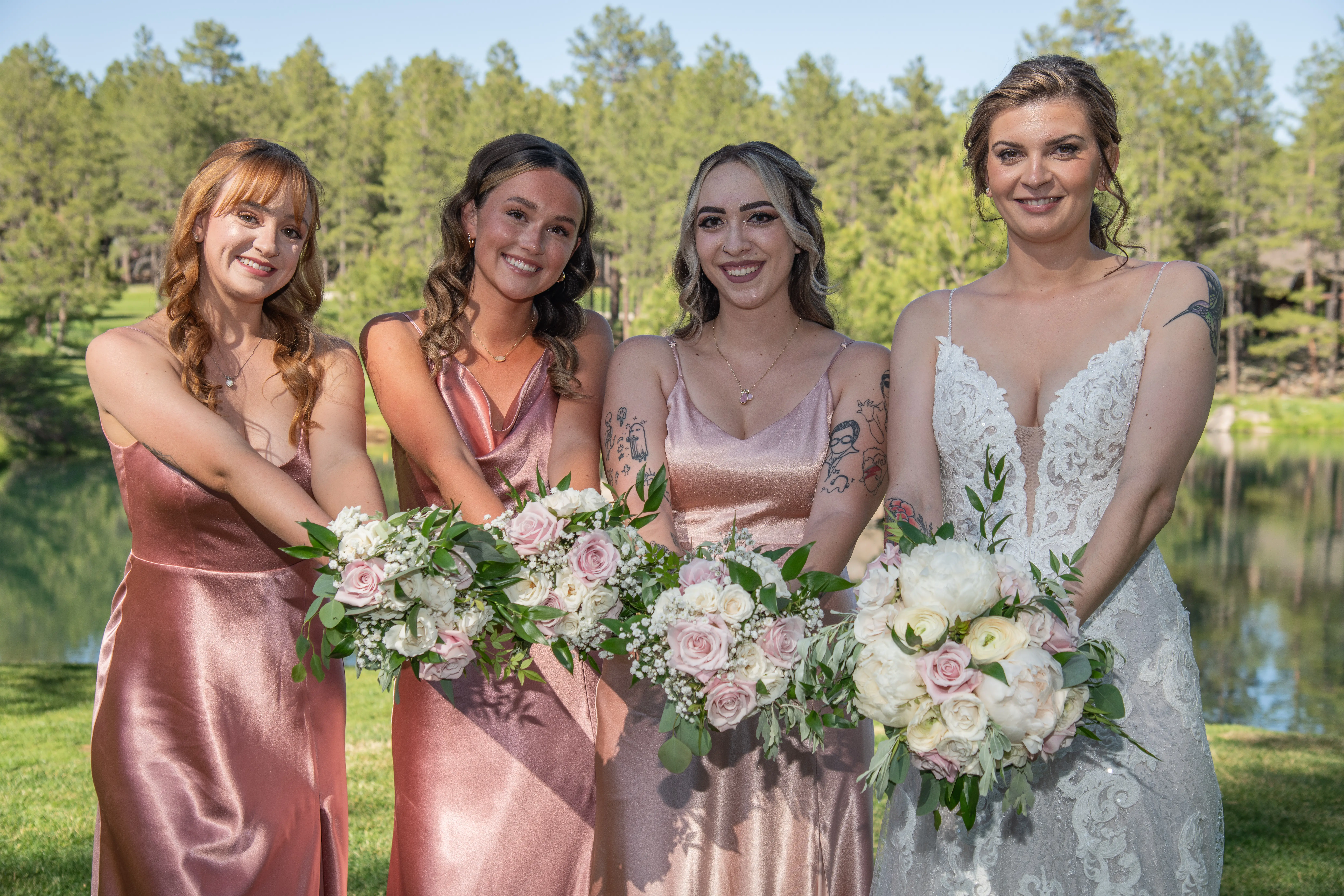 Bride In Sheer Sheath Tuscany Lynette Maggie Sottero With Bridesmaids In Pink