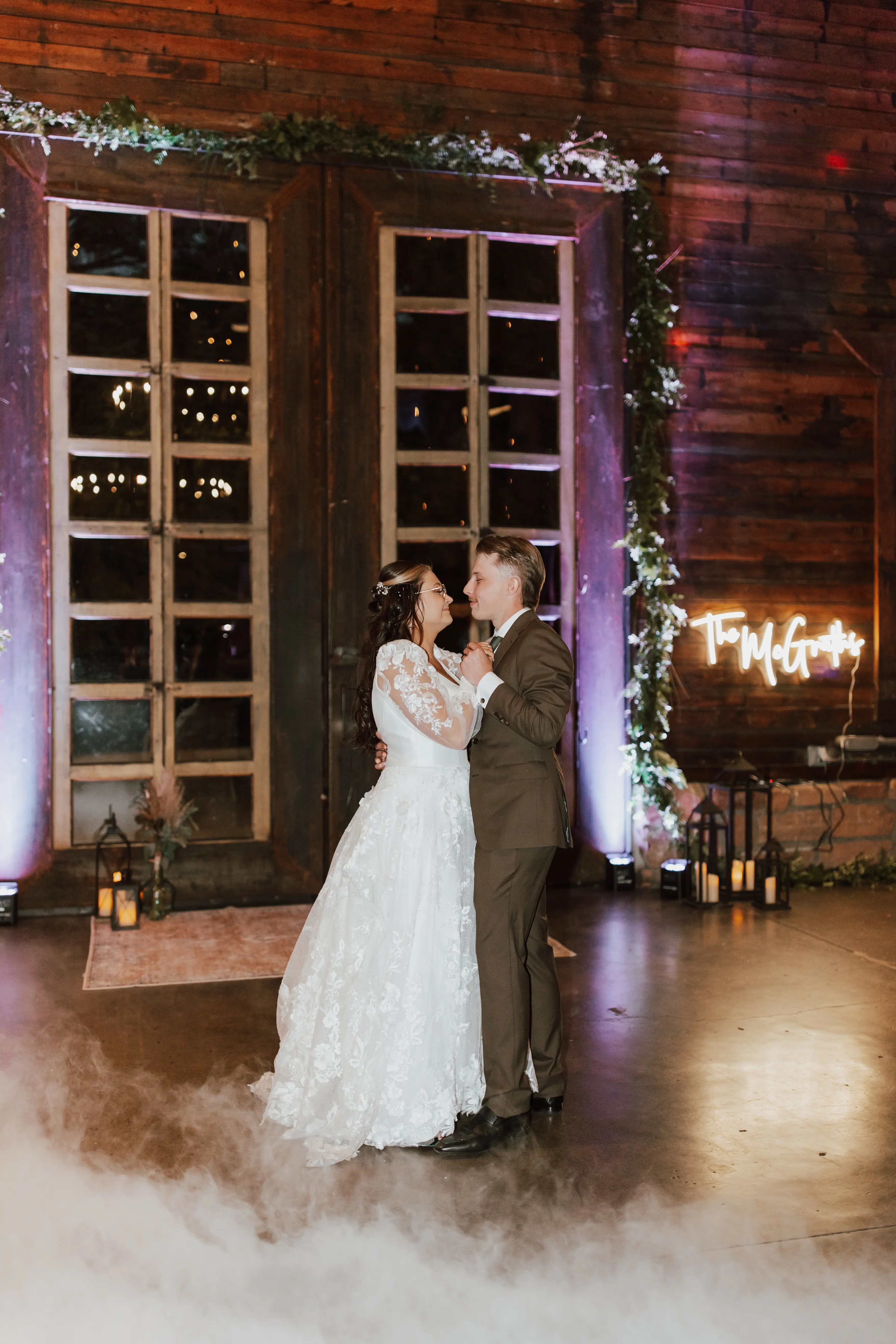 Groom And Bride Wearing Sparkly Modern Ball Gown Wedding Dress With A Mikado Bodice Called Greer By Maggie Sottero