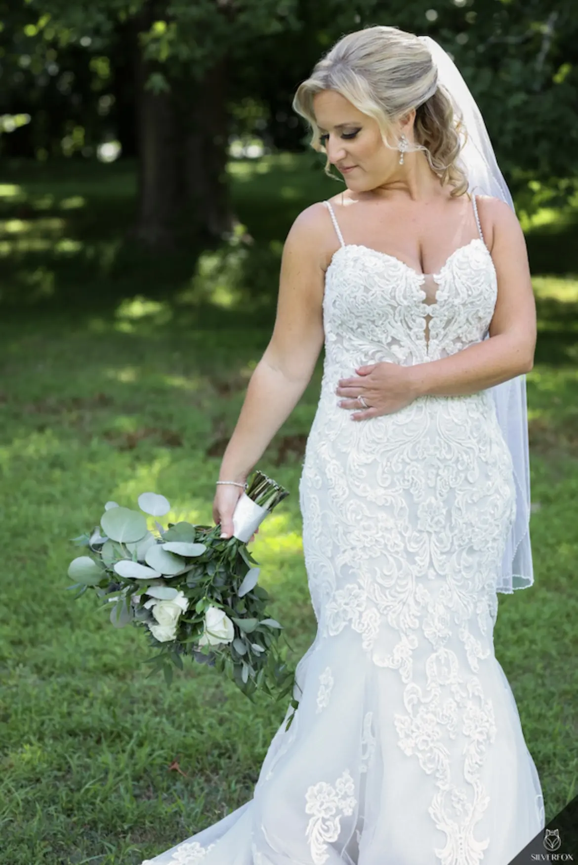 Real Bride in Sparkly Lace Fit-and-Flare Bridal Dress with Scalloped Illusion Lace Train Called Fiona by Maggie Sottero