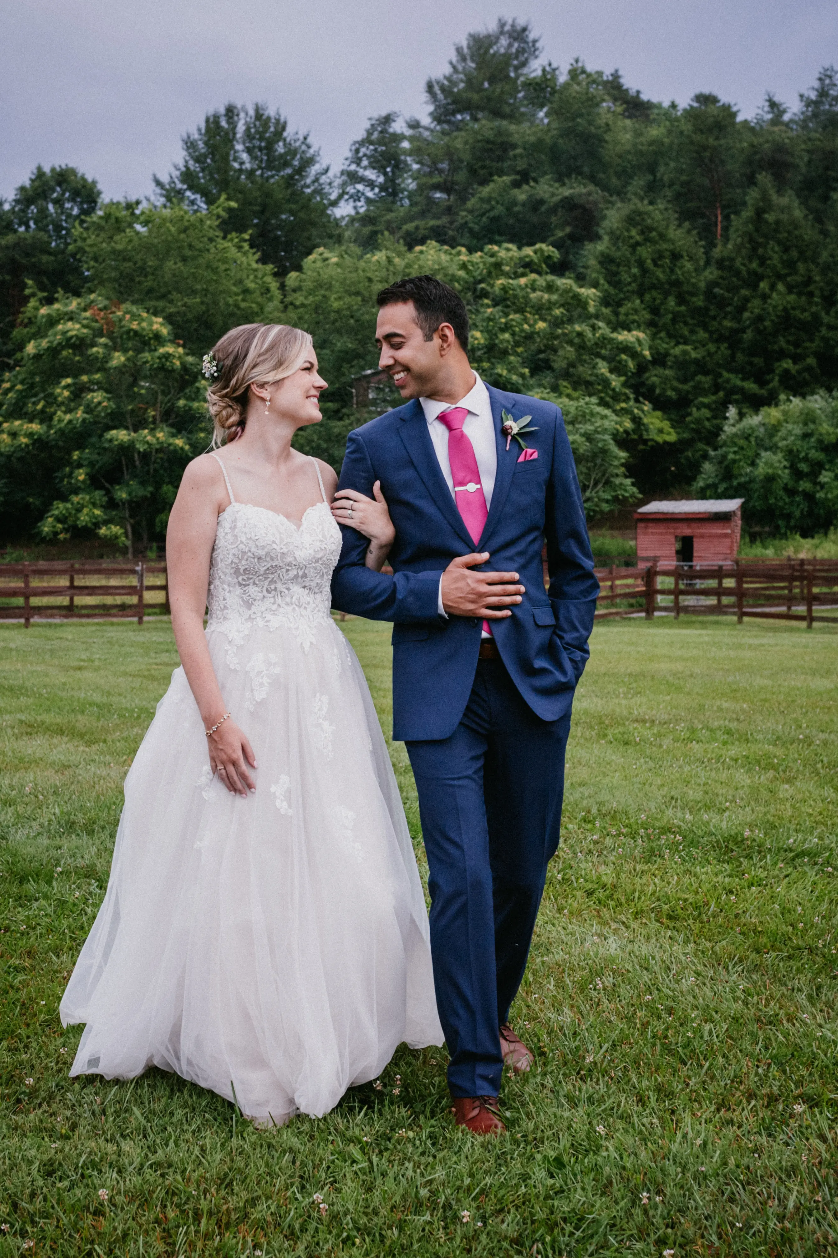 Groom With Bride Wearing A-Line Lace Wedding Dress Marisol By Rebecca Ingram