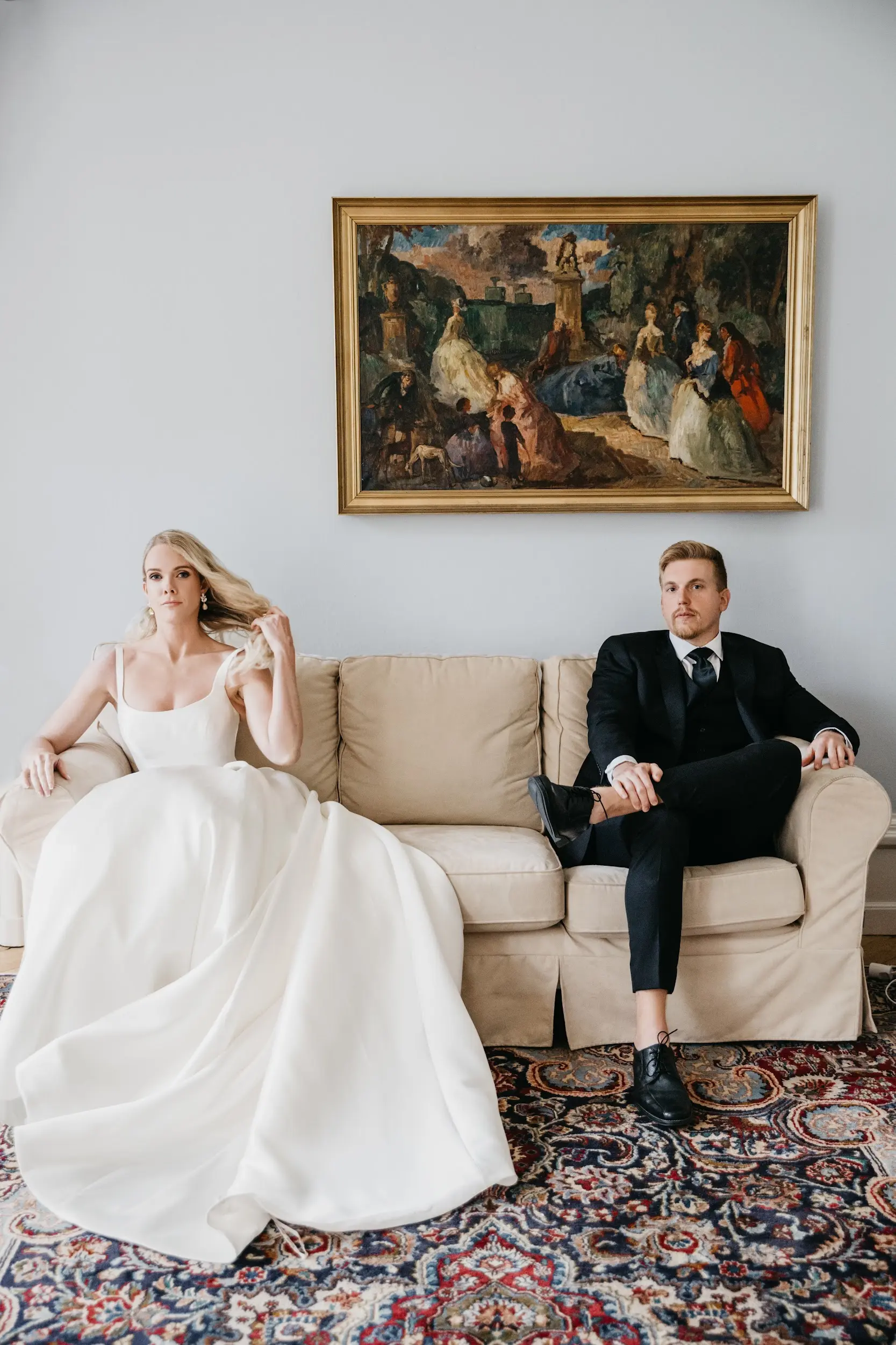 Groom With Bride Wearing Satin Ball Gown Selena By Maggie Sottero