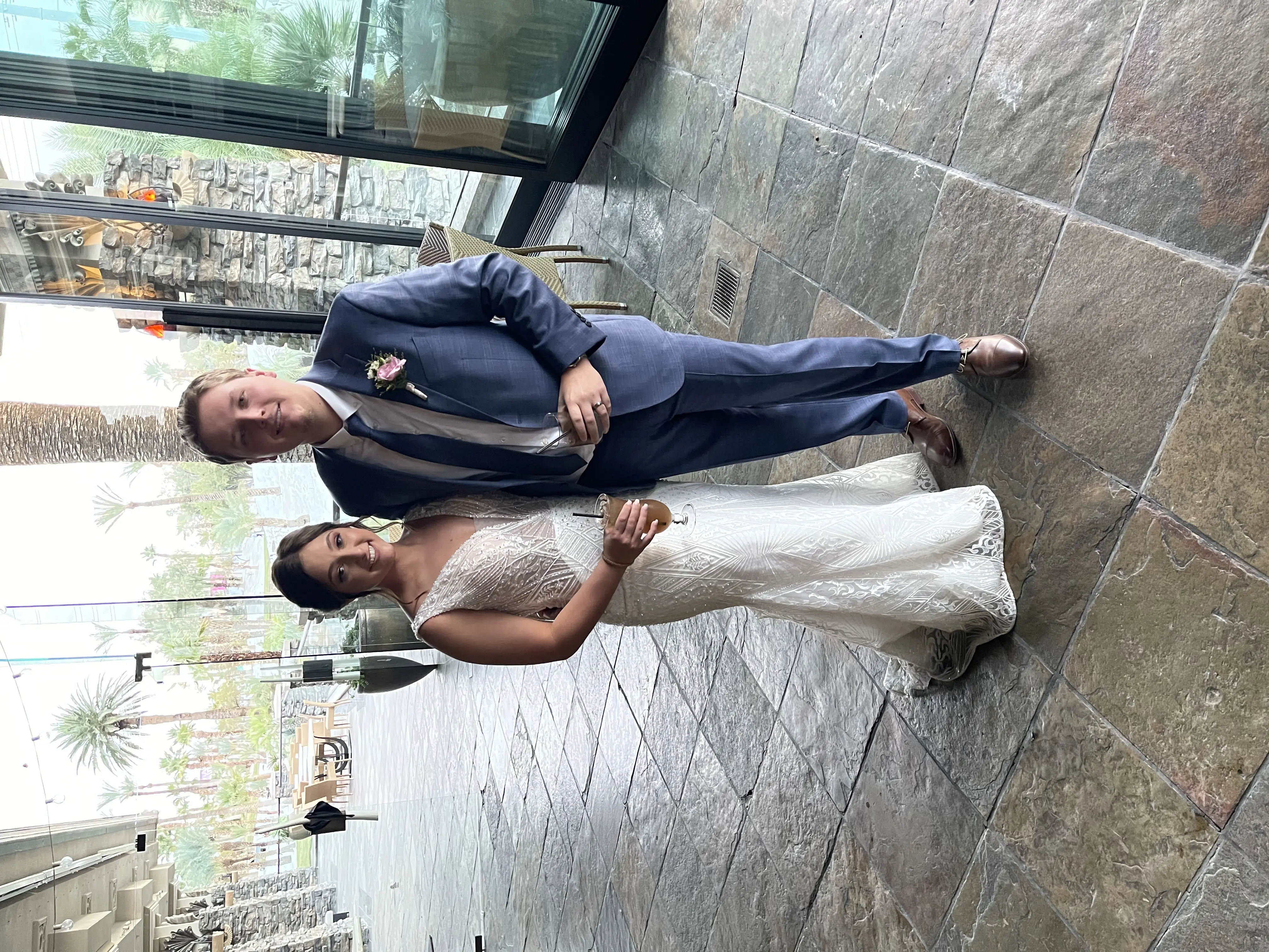 Groom With Bride Wearing Art Deco Wedding Dress Elaine By Maggie Sottero