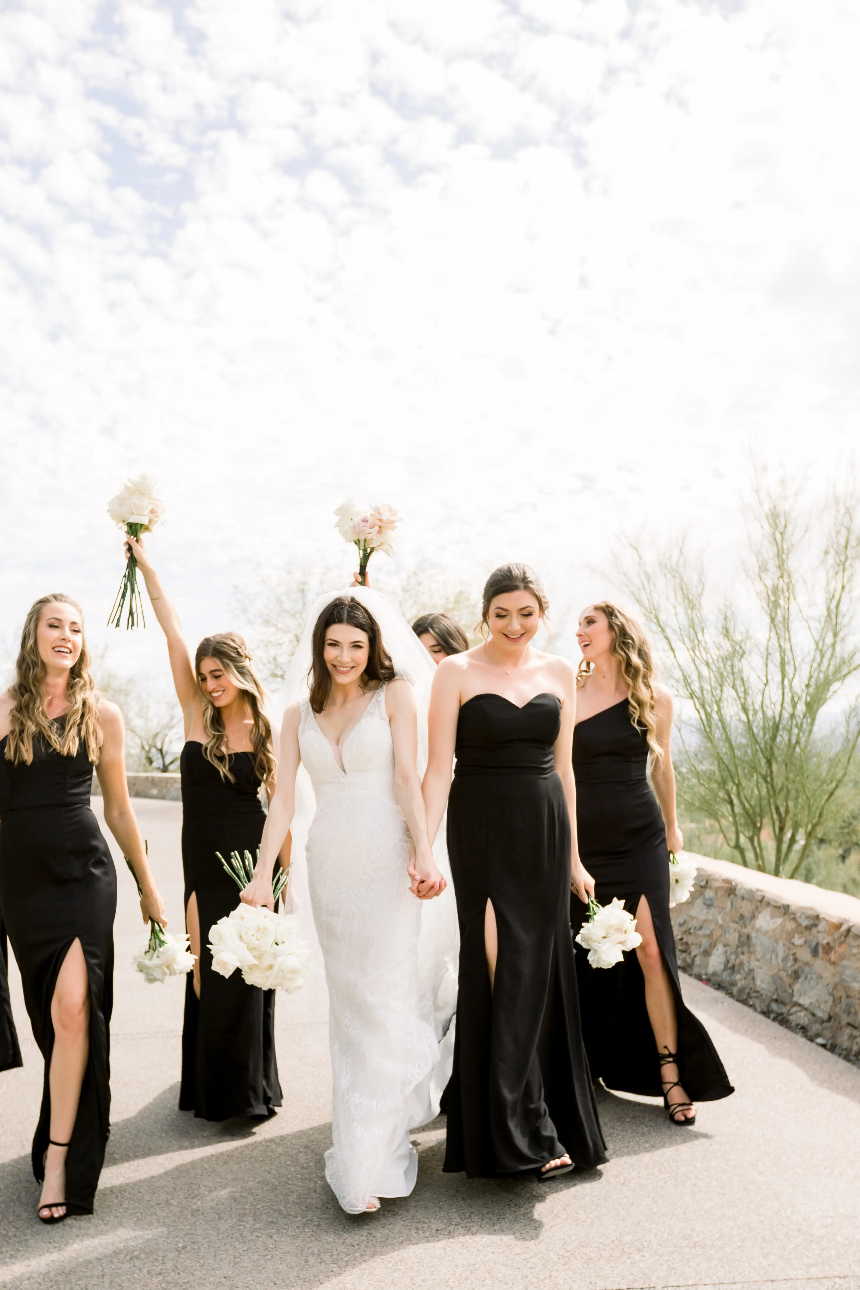 Bride Wearing Vintage Art Deco Wedding Dress Called Elaine By Maggie Sottero Walking With Bridesmaids