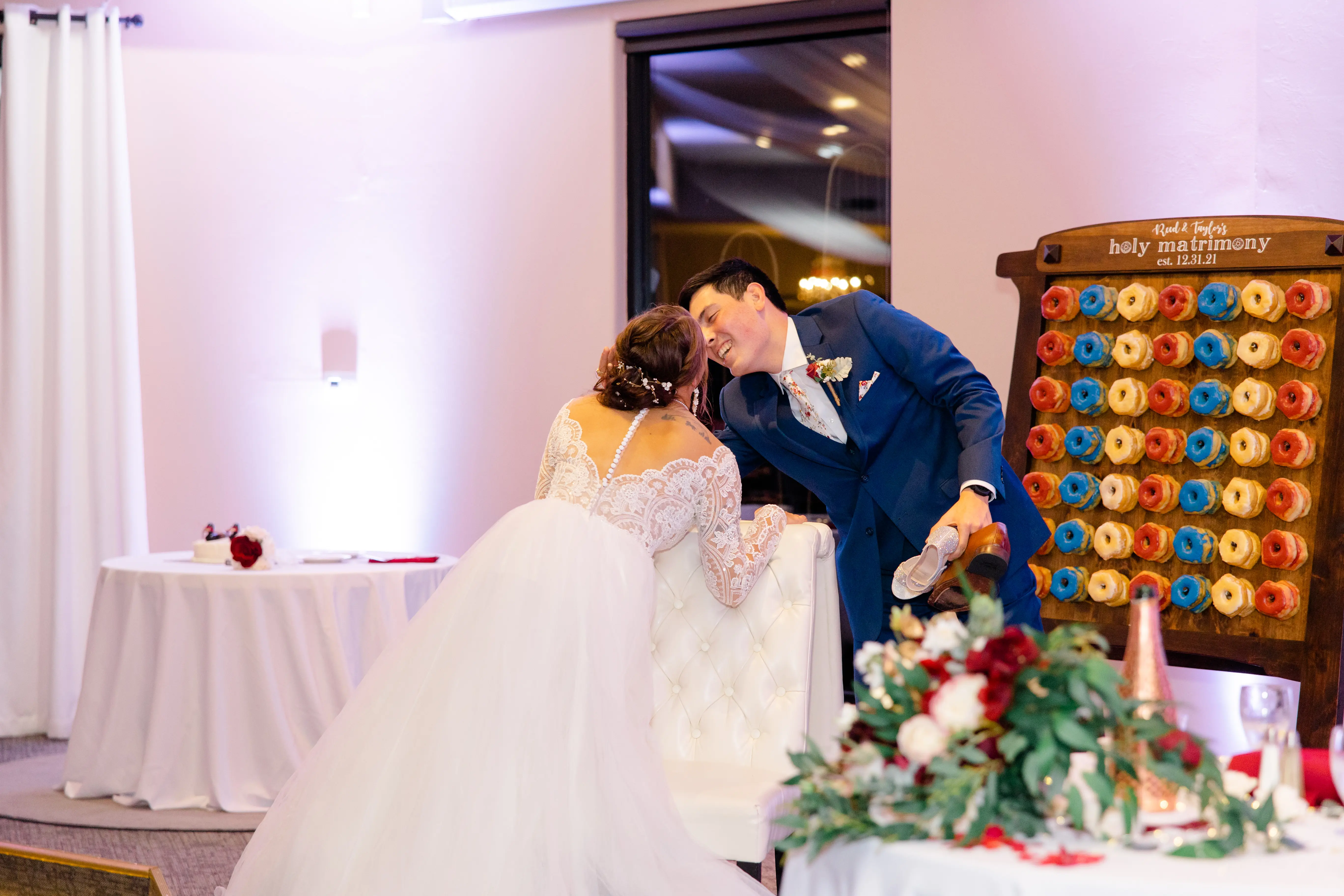 Groom Plays Cinderella with Bride in Romantic Long Sleeve Ball Gown Wedding Dress with Lace Motifs on Nude Bodice and Tulle Skirt Called Mallory Dawn by Maggie Sottero