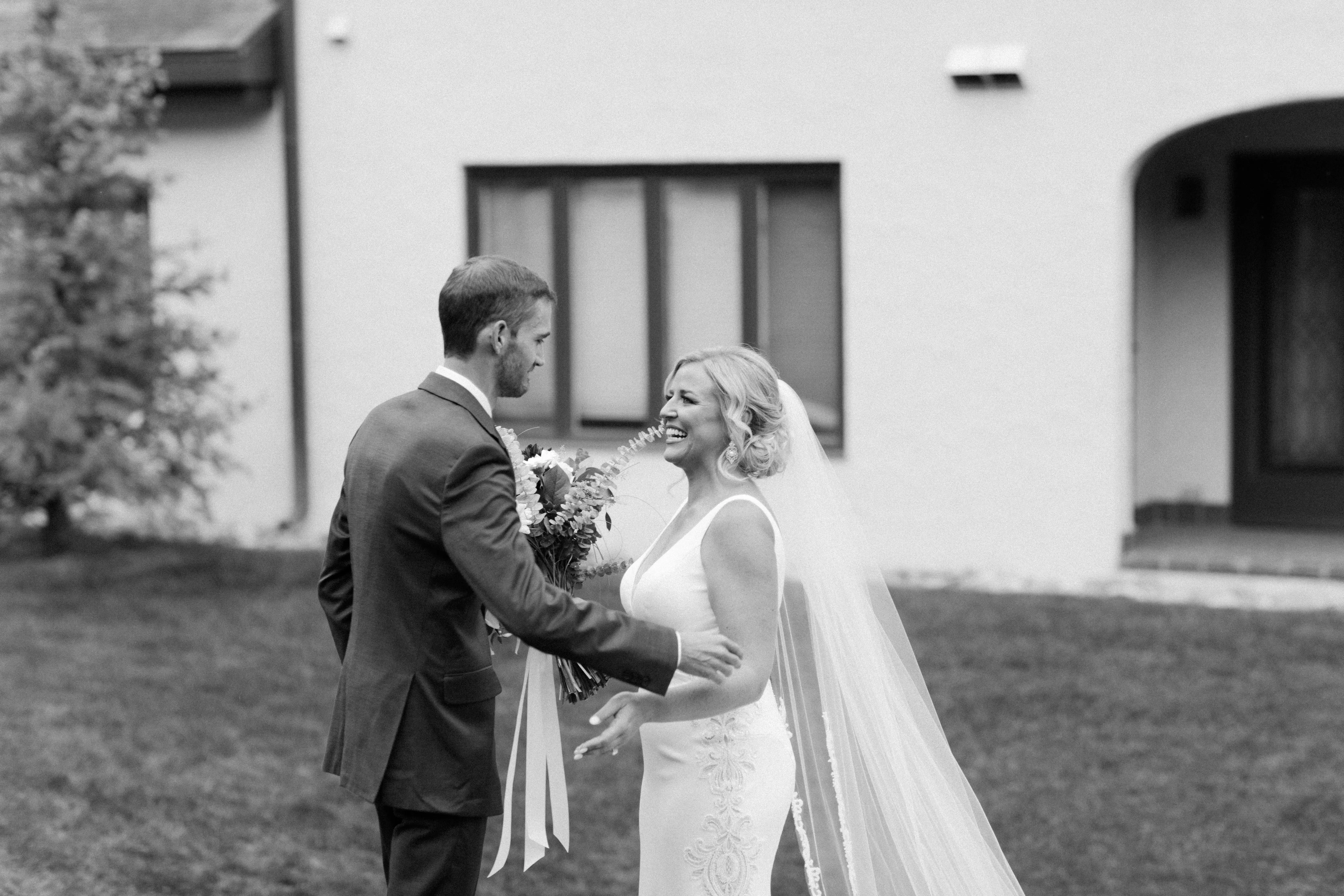 Groom With Bride Wearing Simple Vintage V-back Dress Abbott Dawn By Sottero and Midgley
