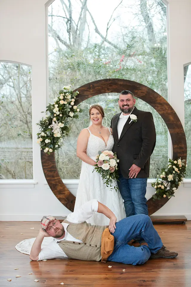 Bride And Groom With Flower Boy. Bride Wearing Boho Princess A-line Wedding Dress Called Roxanne By Sottero And Midgley