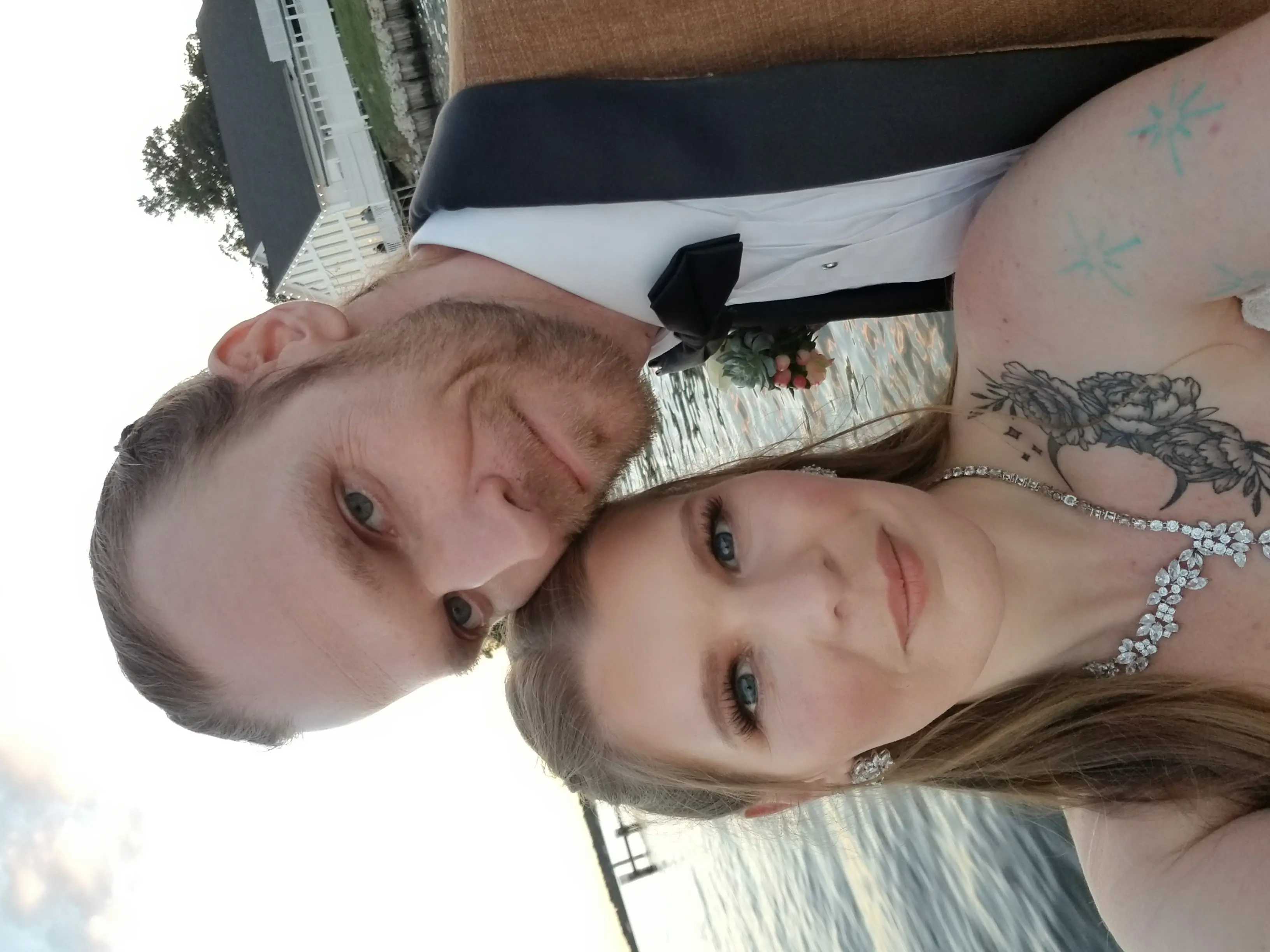 Bride Wearing Princess Wedding Dress With Long Sleeves Called Stevie By Maggie Sottero Selfie With Groom Near The Water
