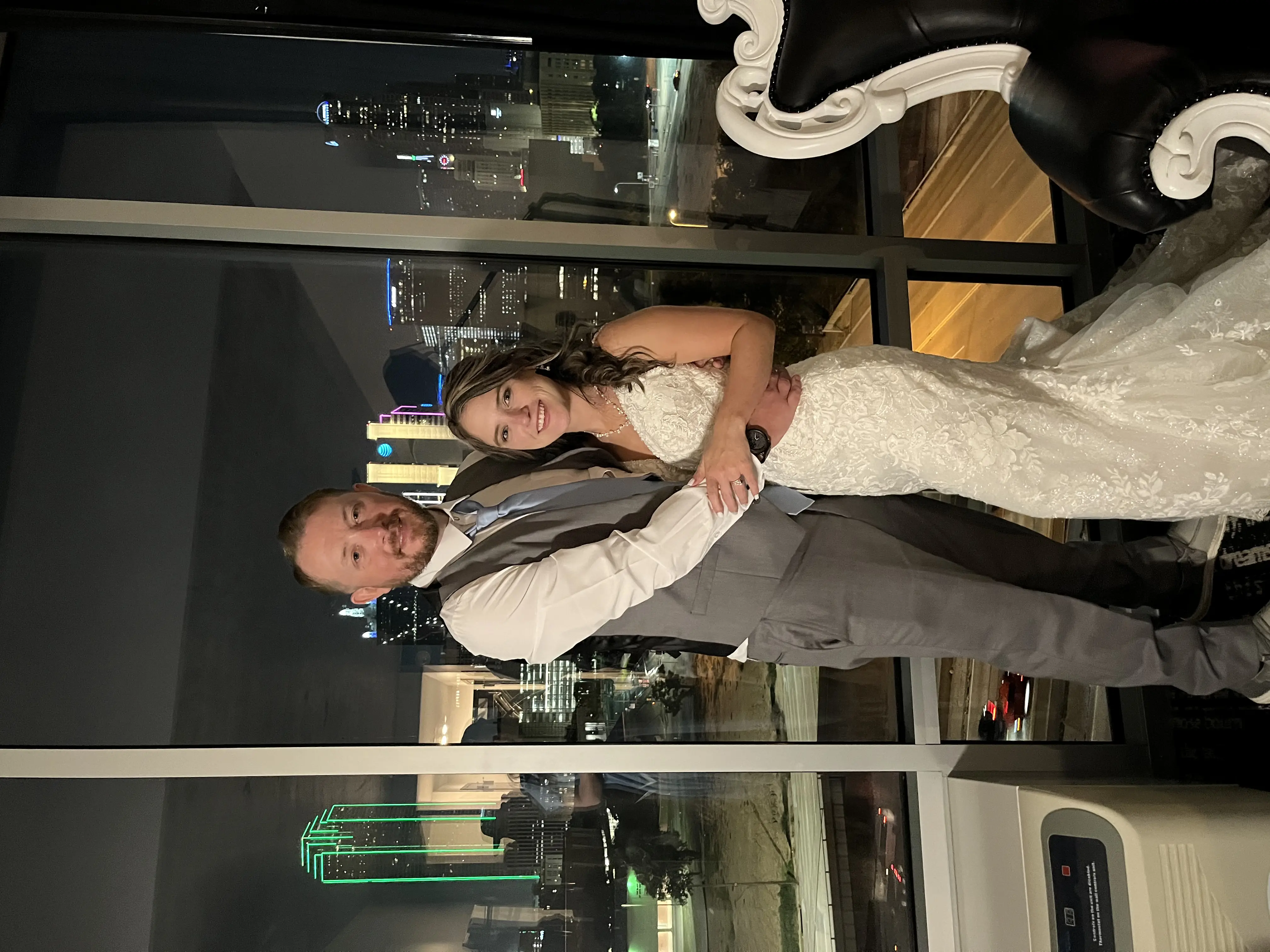 Groom with Bride in Vintage-Inspired Fitted Wedding Dress with Plunging Neckline called Veronique by Maggie Sottero