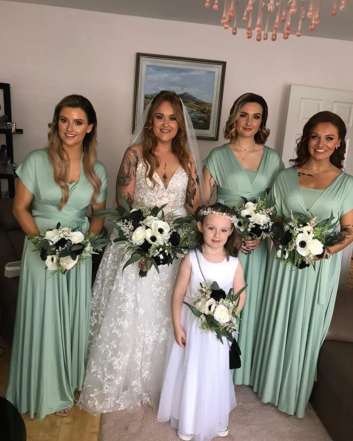 Bridal Party with Real Bride in Floral A-Line Wedding Dress with Soft, Dreamy Layers Called Lorenza by Maggie Sottero
