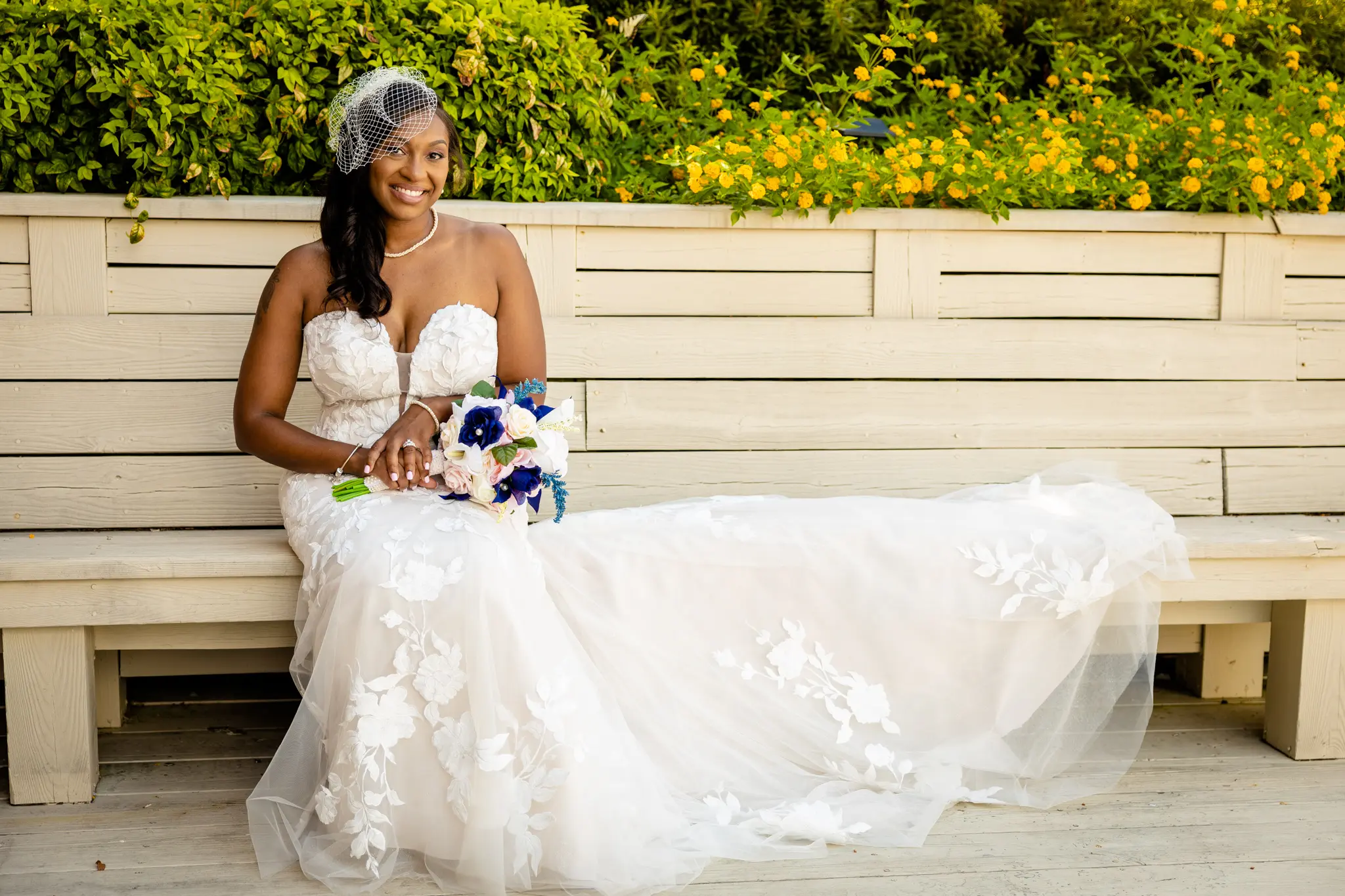 Bride Wearing Strapless Mermaid Wedding Dress With Oversized Lace Hattie By Rebecca Ingram