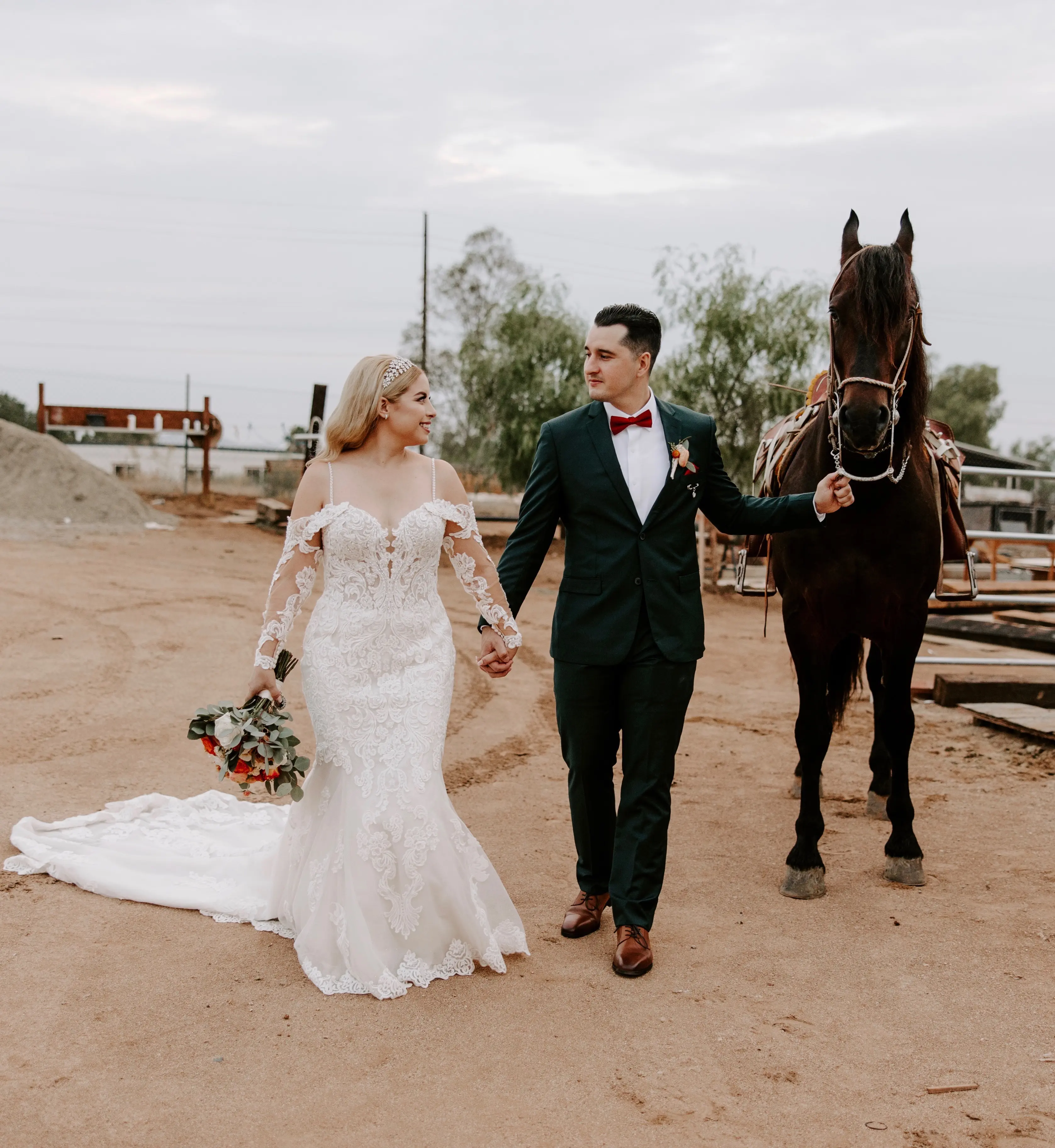 Real Bride in Sparkly Lace Fit-and-Flare Wedding Gown with Off-the-Shoulder Sleeves Called Fiona by Maggie Sottero