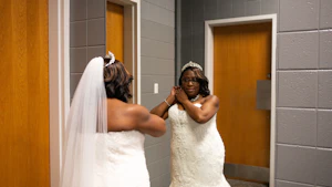 Bride Wearing Lace Mermaid Wedding Dress Lonnie Lynette By Maggie Sottero