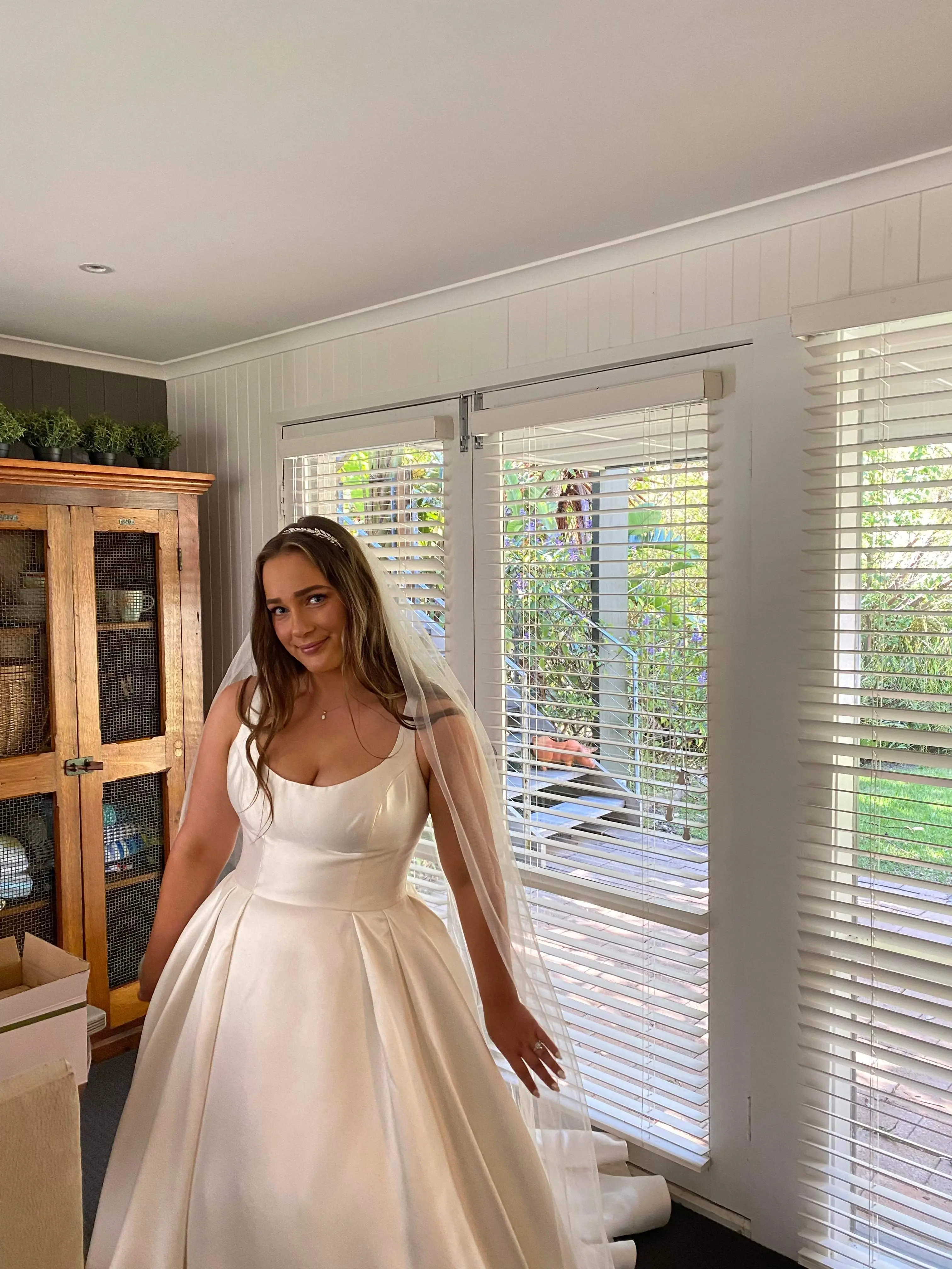 Bride in Mikado Scoop Neckline Ball Down Wedding Dress Selena by Maggie Sottero