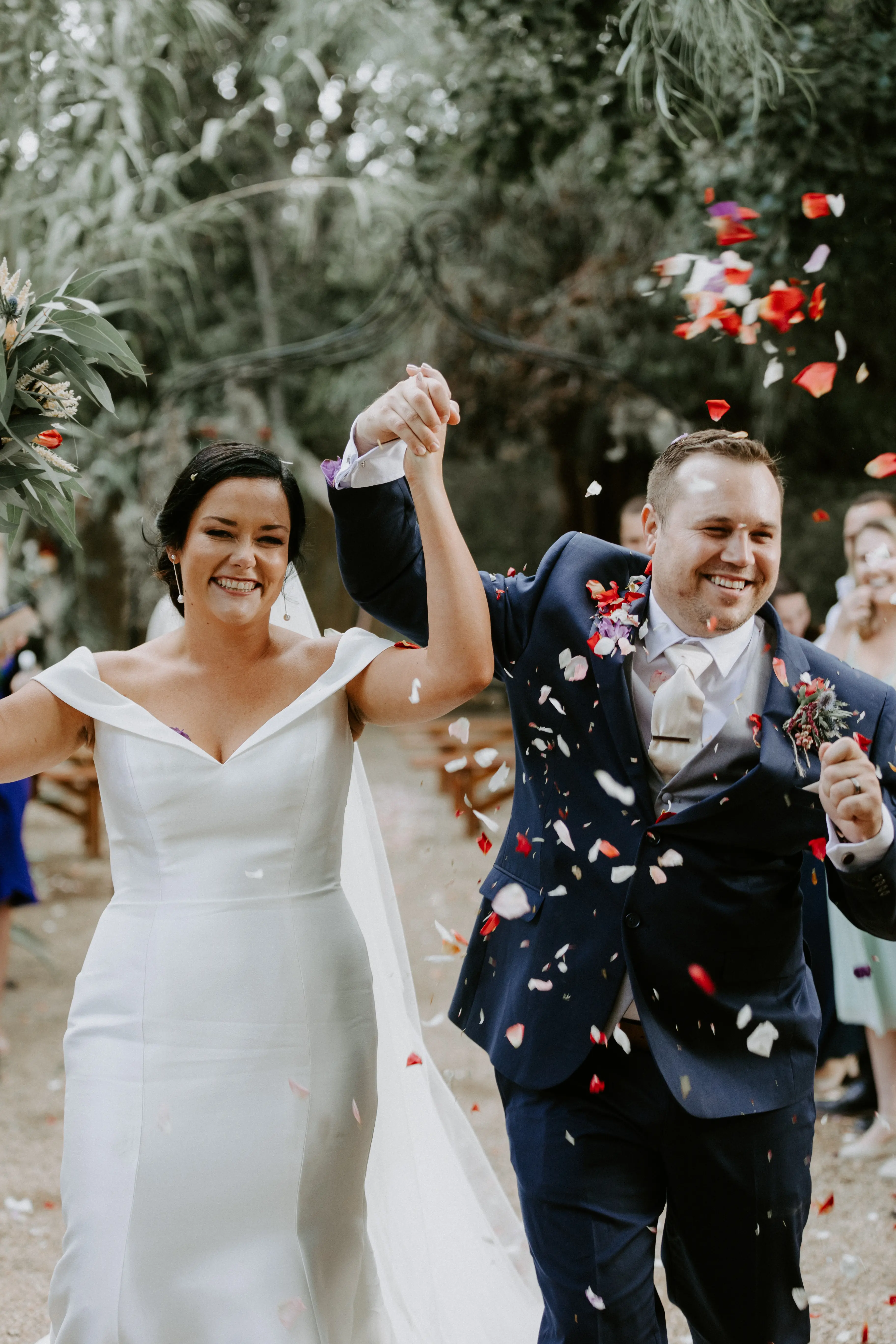 Groom With Bride Wearing Vintage Off The Shoulder Fit-And-Flare Wedding Dress Josie By Rebecca Ingram