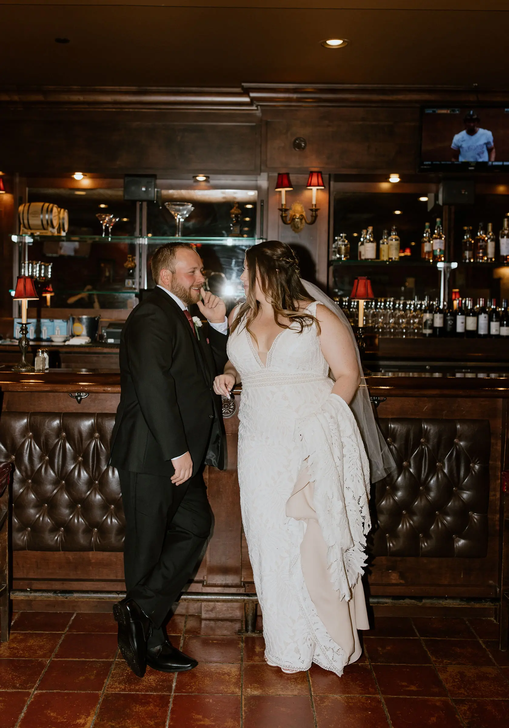 Groom with Bride in Boho Lace Wedding Dress with Oversized Florals Called Burke by Maggie Sottero