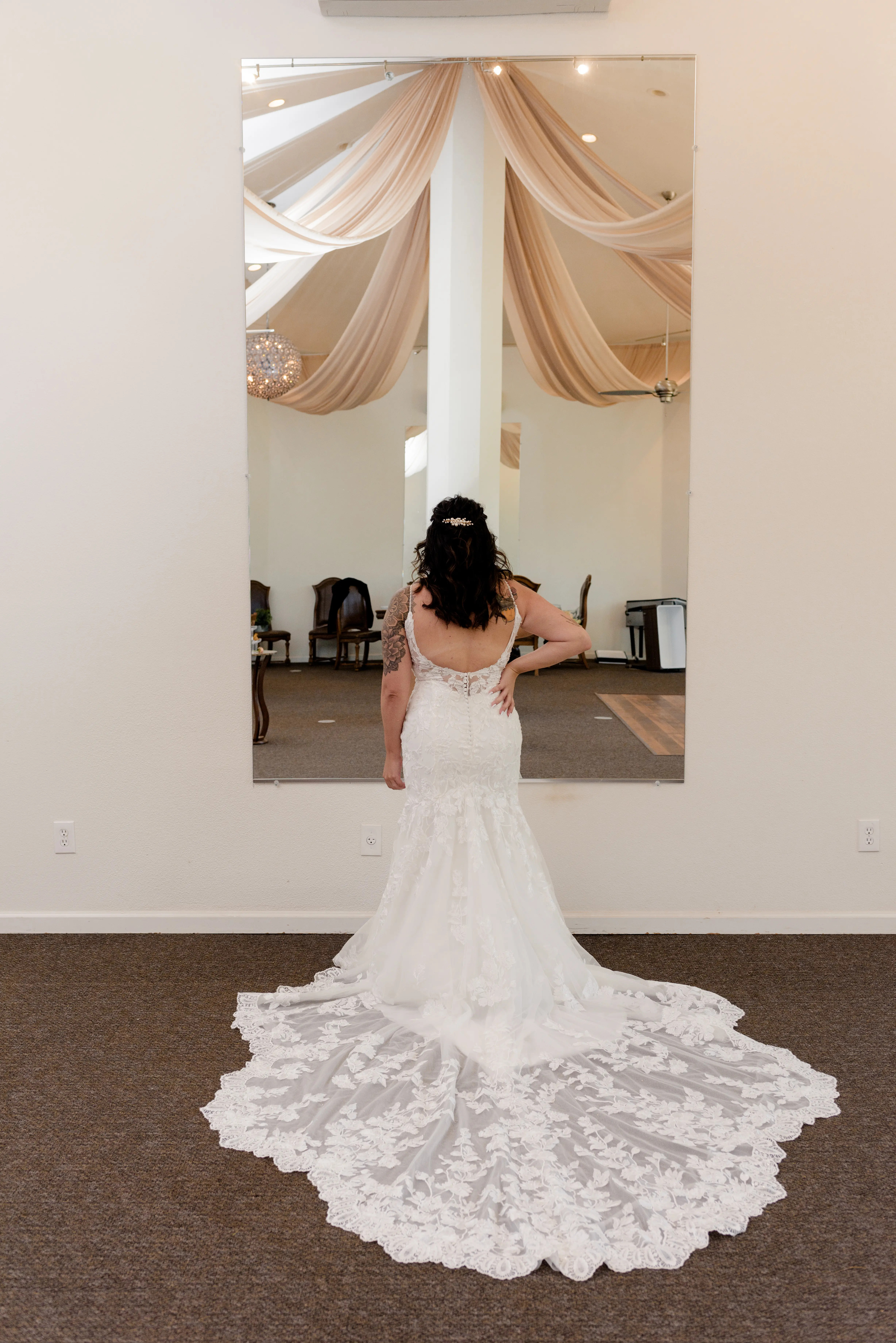 Real Bride in Floral Lace Mermaid Wedding Gown with Beaded Spaghetti Straps Called Giana by Maggie Sottero