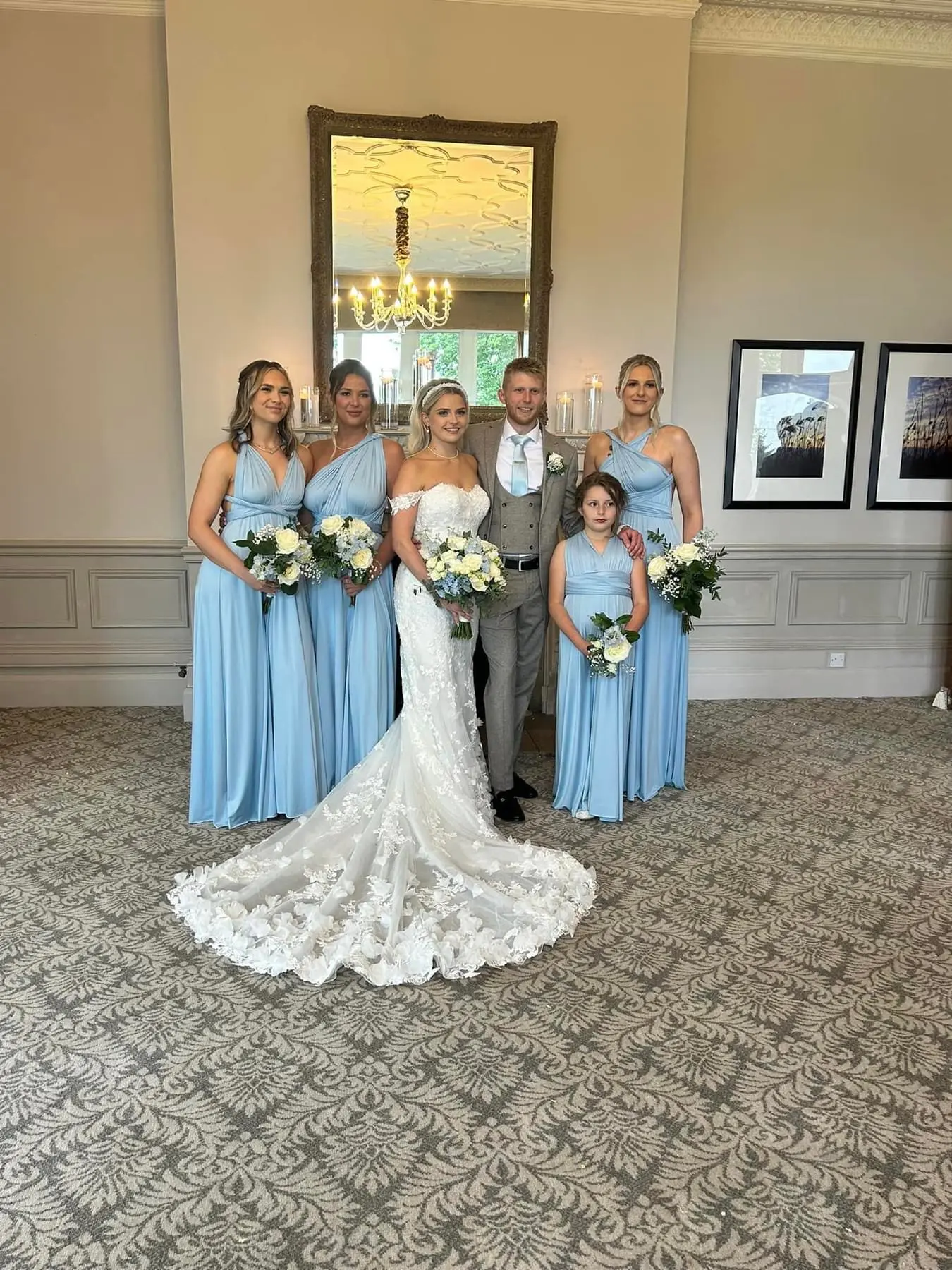 Bride In 3D Lace Fit-and-Flare Ryker Sottero Midgley With Bridesmaids In Blue