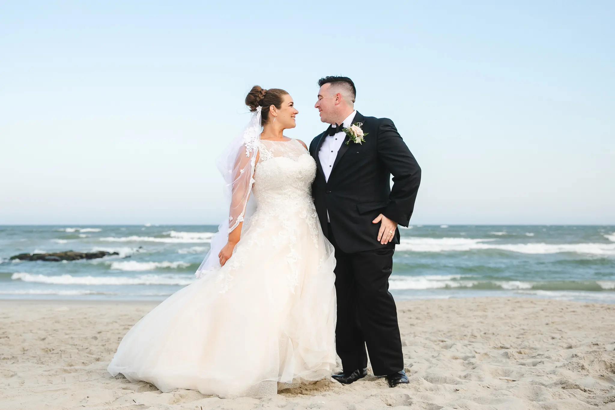 Groom With Bride Wearing Lace And Sparkle Tulle Ball Gown Honor Marie By Rebecca Ingram